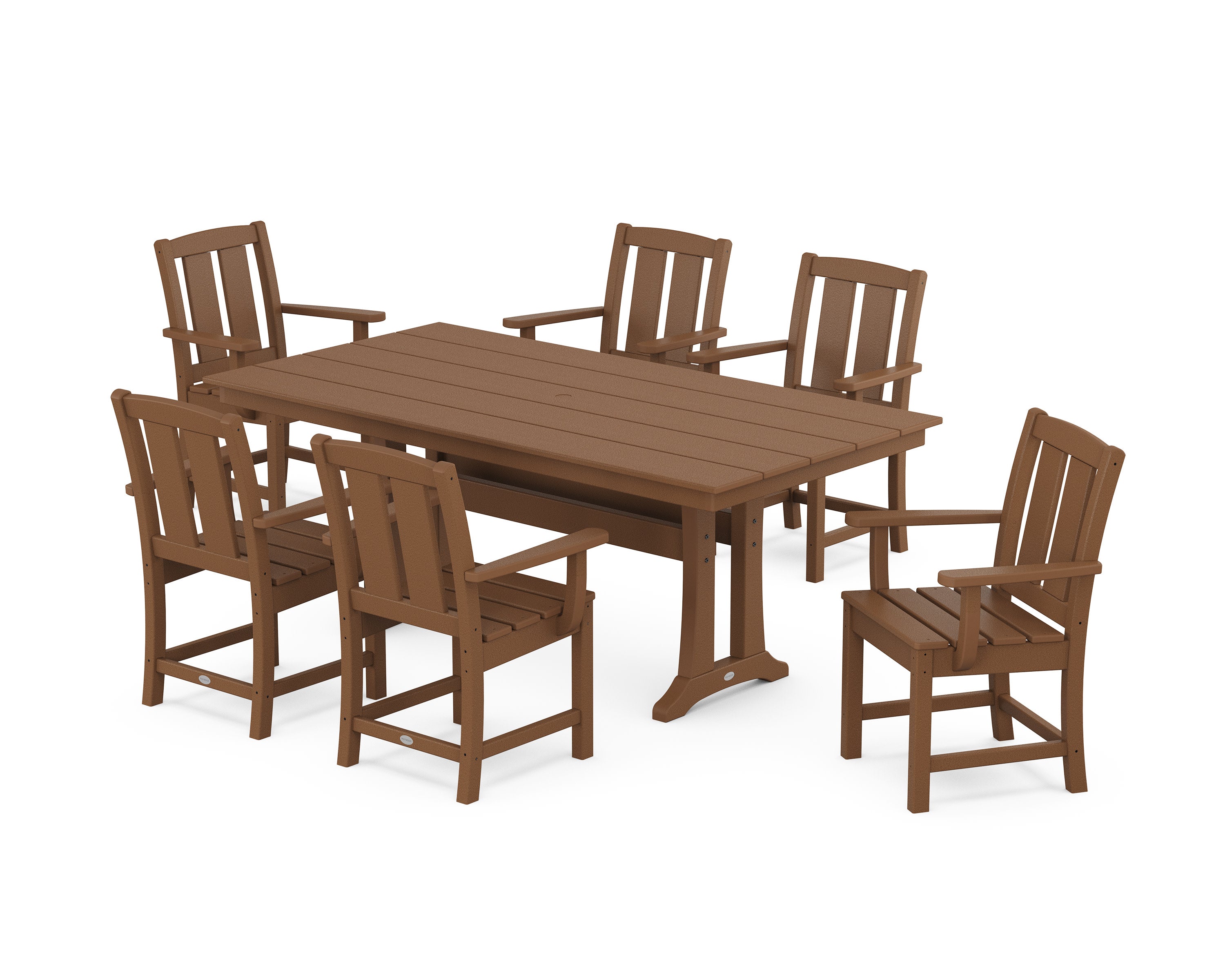 Mission Arm Chair 7-Piece Farmhouse Dining Set with Trestle Legs in Teak