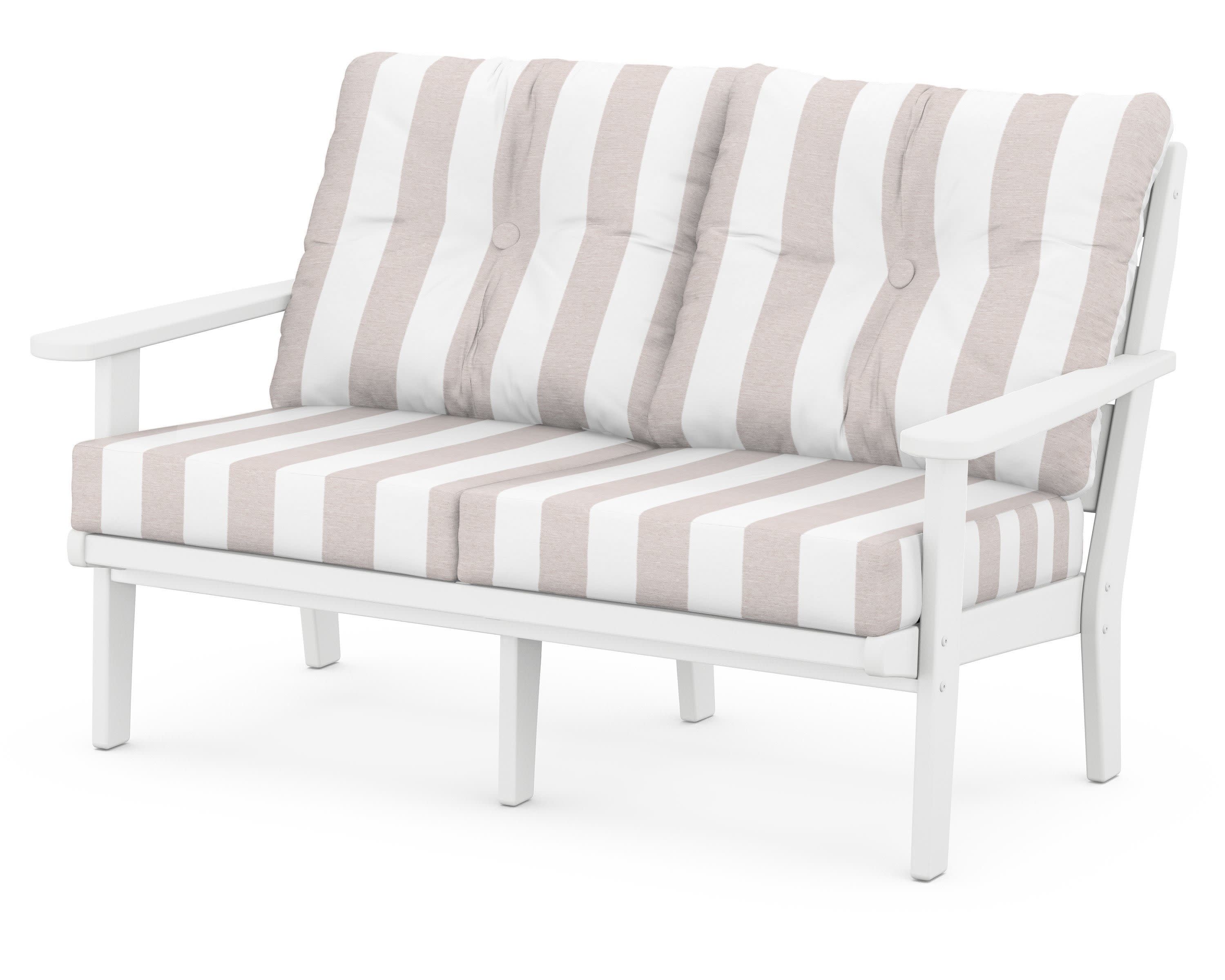 Lakeside Deep Seating Loveseat in White / Cabana Stripe Dune Burlap