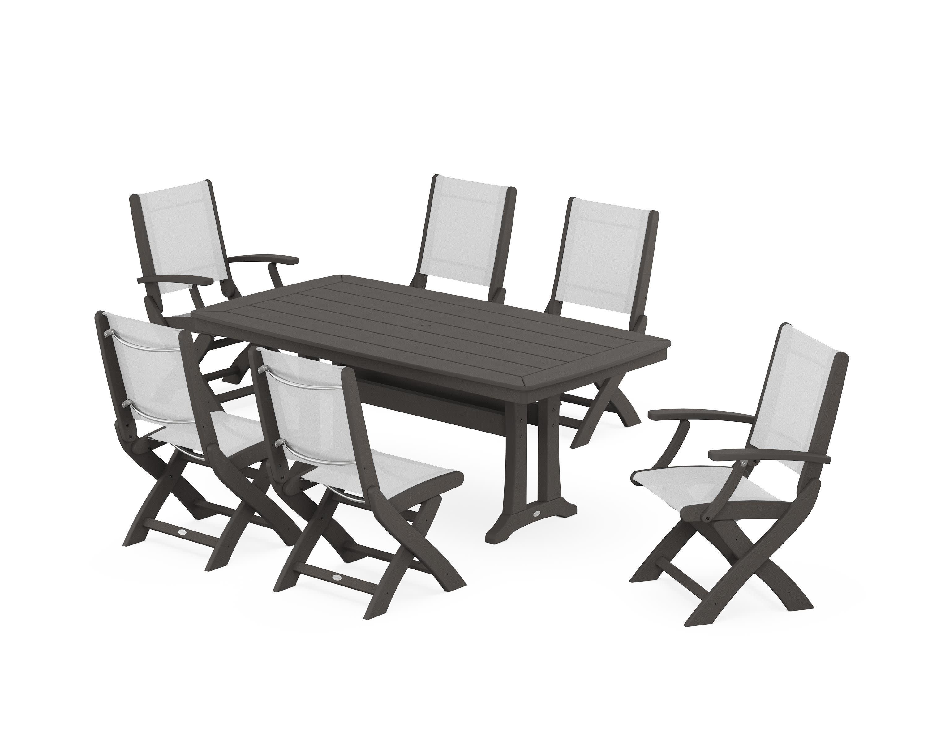 Coastal Folding Chair 7-Piece Dining Set with Trestle Legs in Vintage Coffee / White Sling