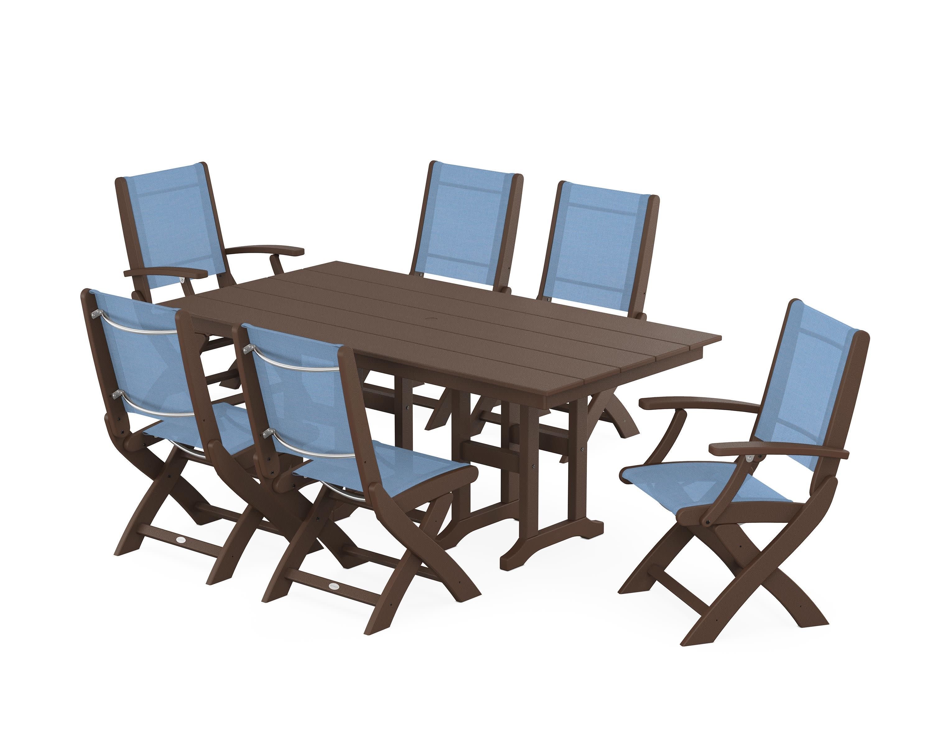 Coastal Folding Chair 7-Piece Farmhouse Dining Set in Mahogany / Poolside Sling