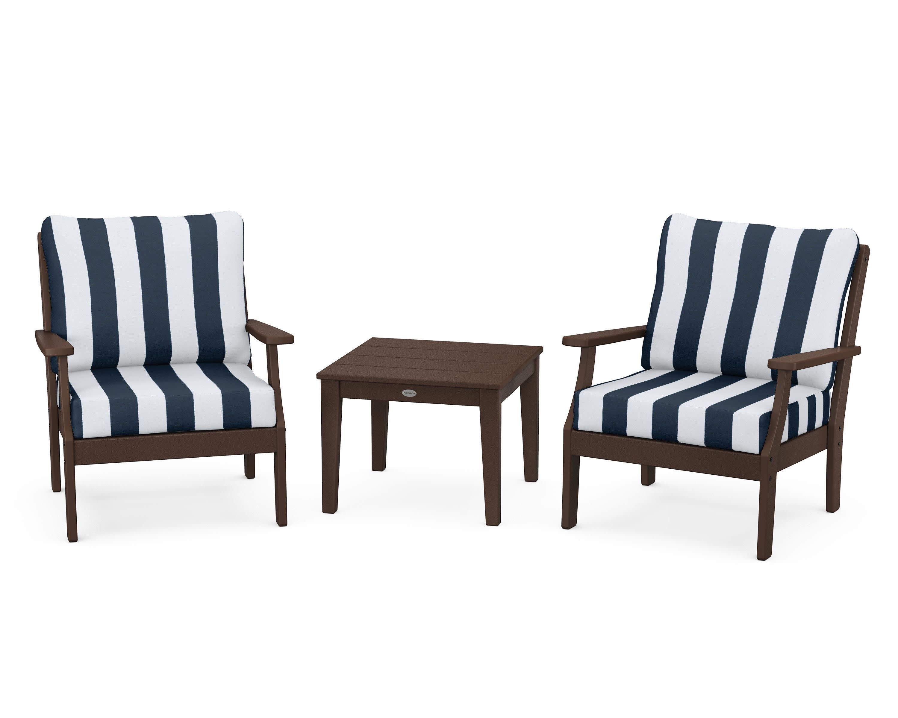 Braxton 3-Piece Deep Seating Set in Mahogany / Cabana Stripe Marine Indigo