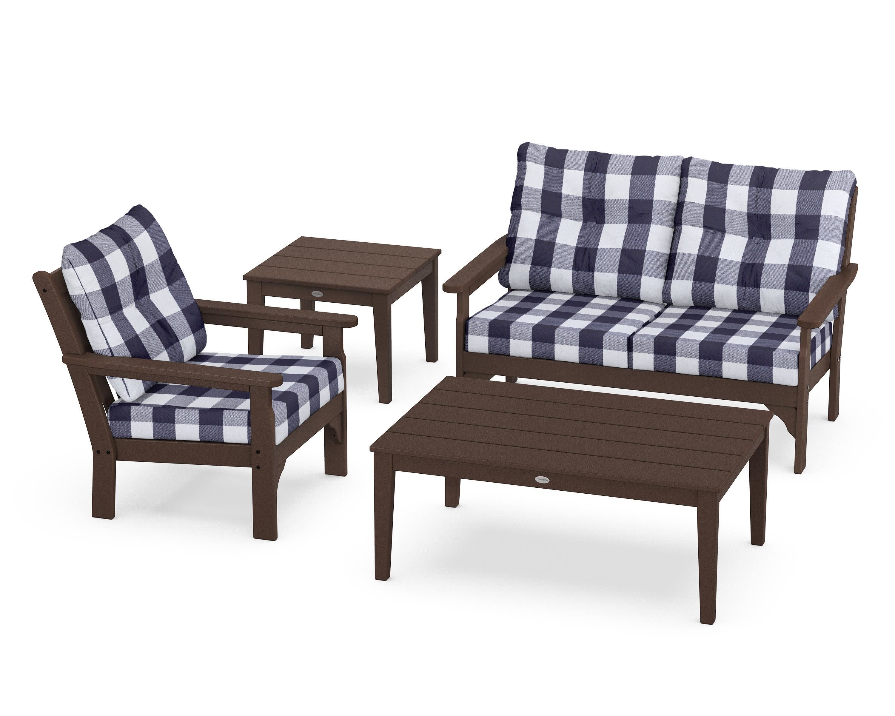 Vineyard 4-Piece Deep Seating Set in Mahogany / Buffalo Plaid Navy