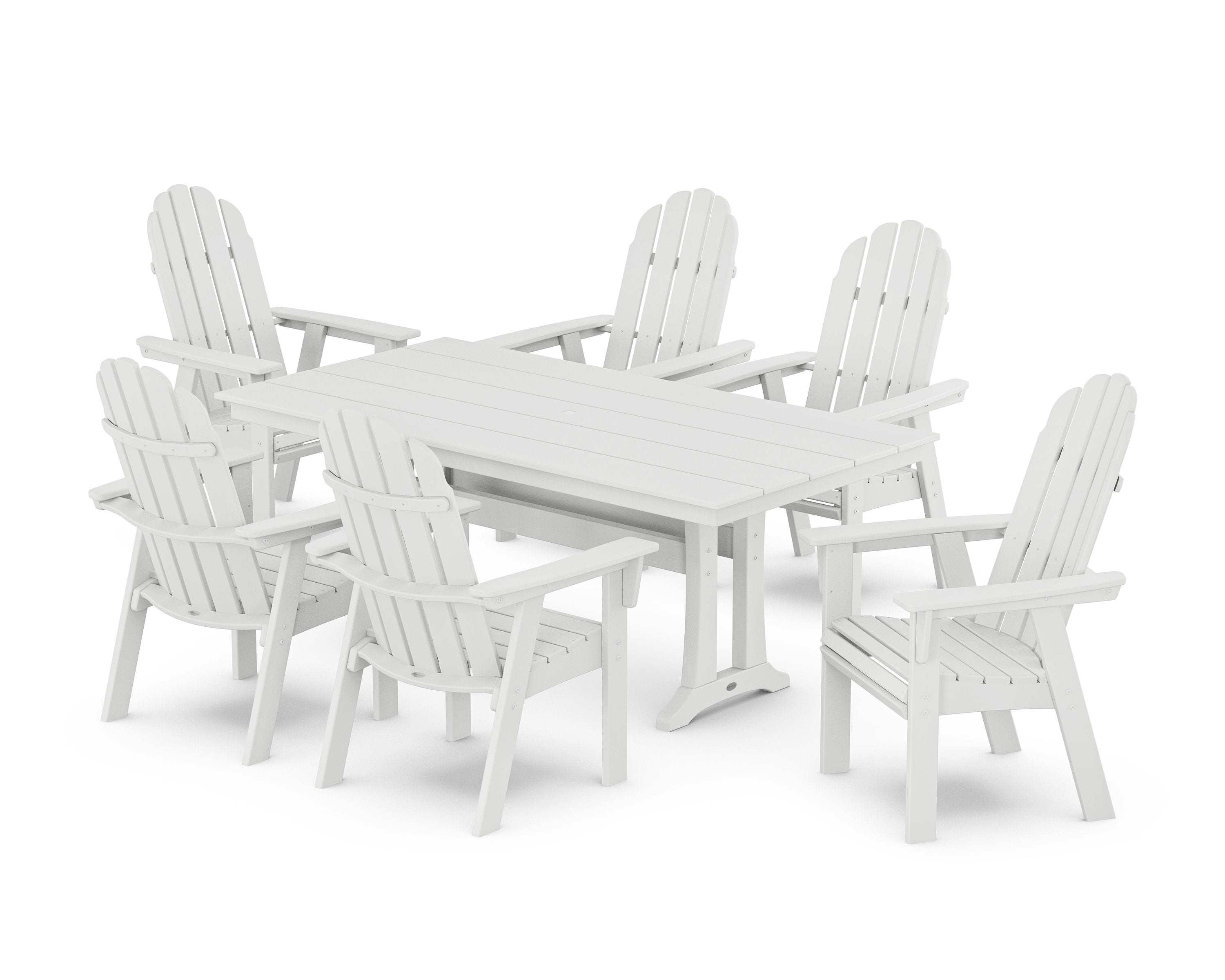 Vineyard Curveback Adirondack Chair 7-Piece Farmhouse Dining Set with Trestle Legs in White
