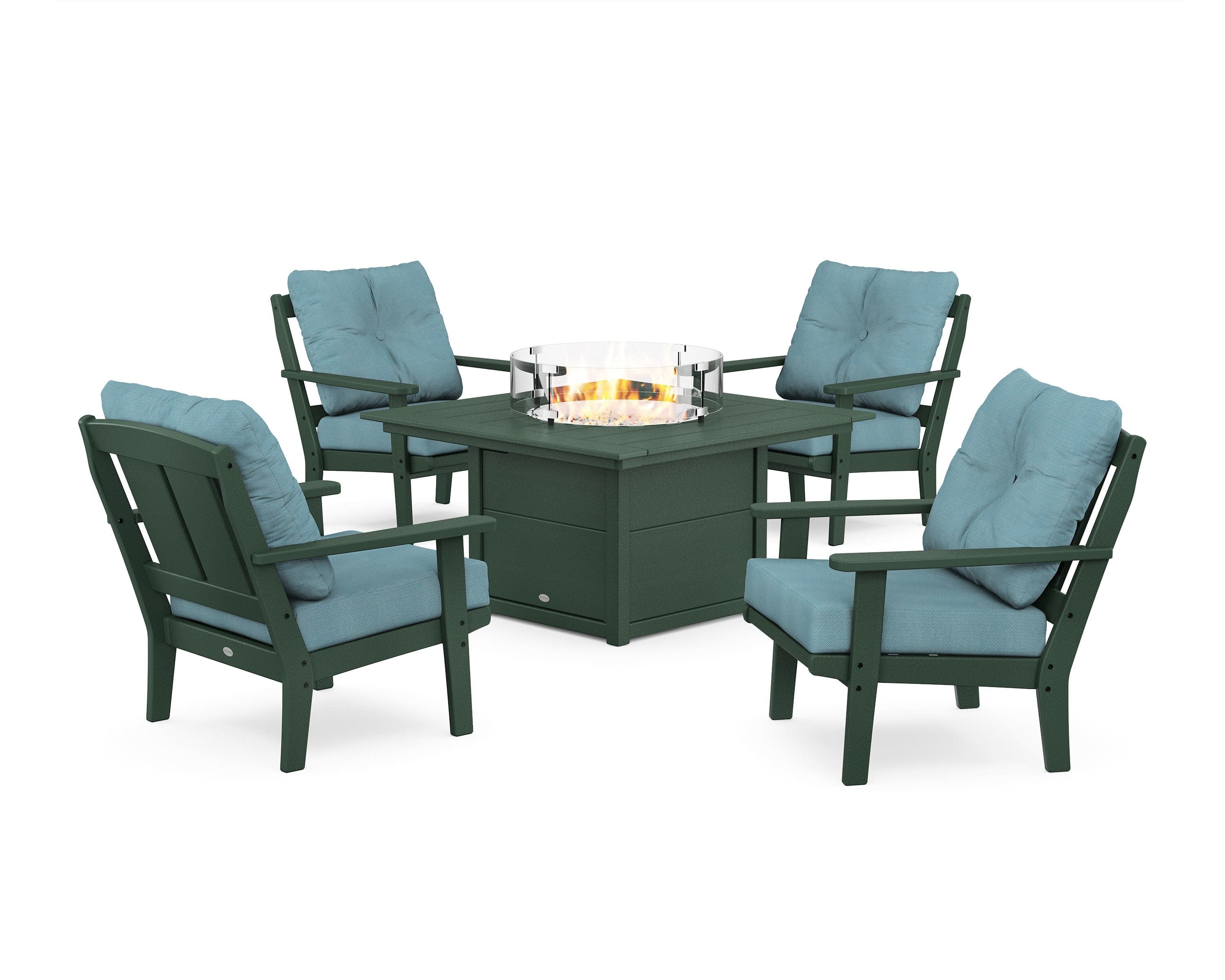 Mission 5-Piece Deep Seating Set with Fire Pit Table in Green / Lattice Sky Blue