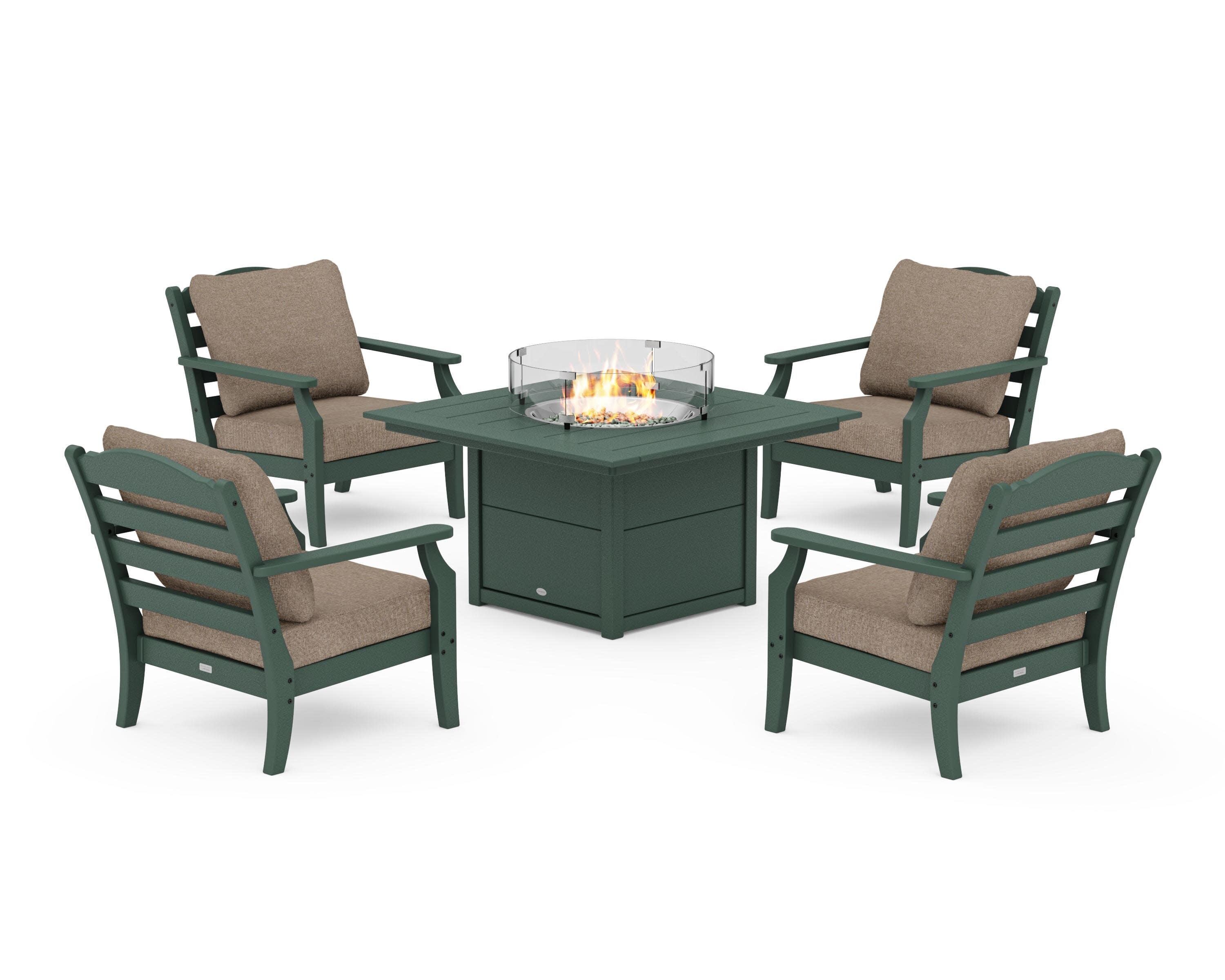 Savannah 5-Piece Deep Seating Set with Fire Pit Table in Green / Spiced Burlap