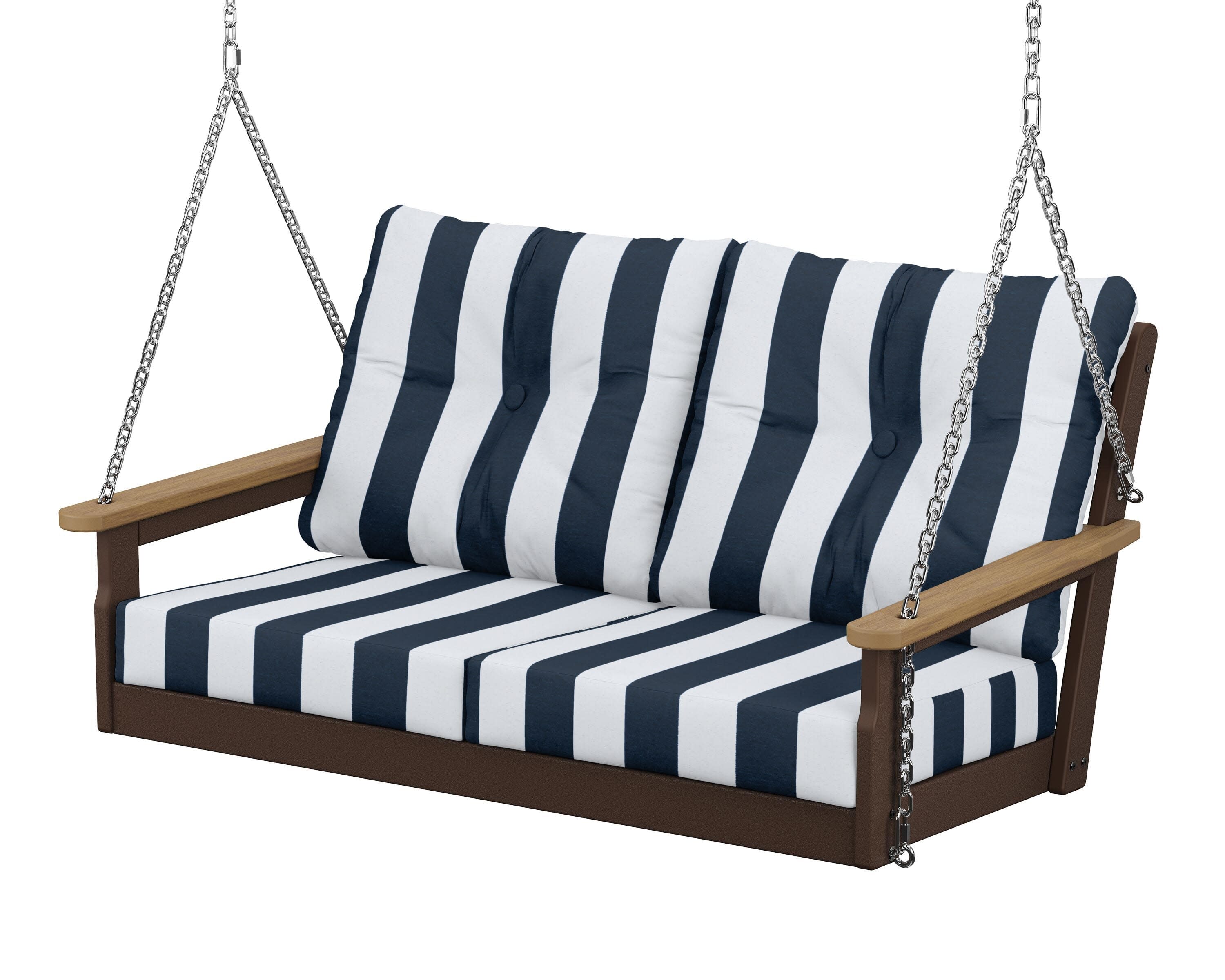 Vineyard Deep Seating Swing in Mahogany / Natural / Cabana Stripe Marine Indigo
