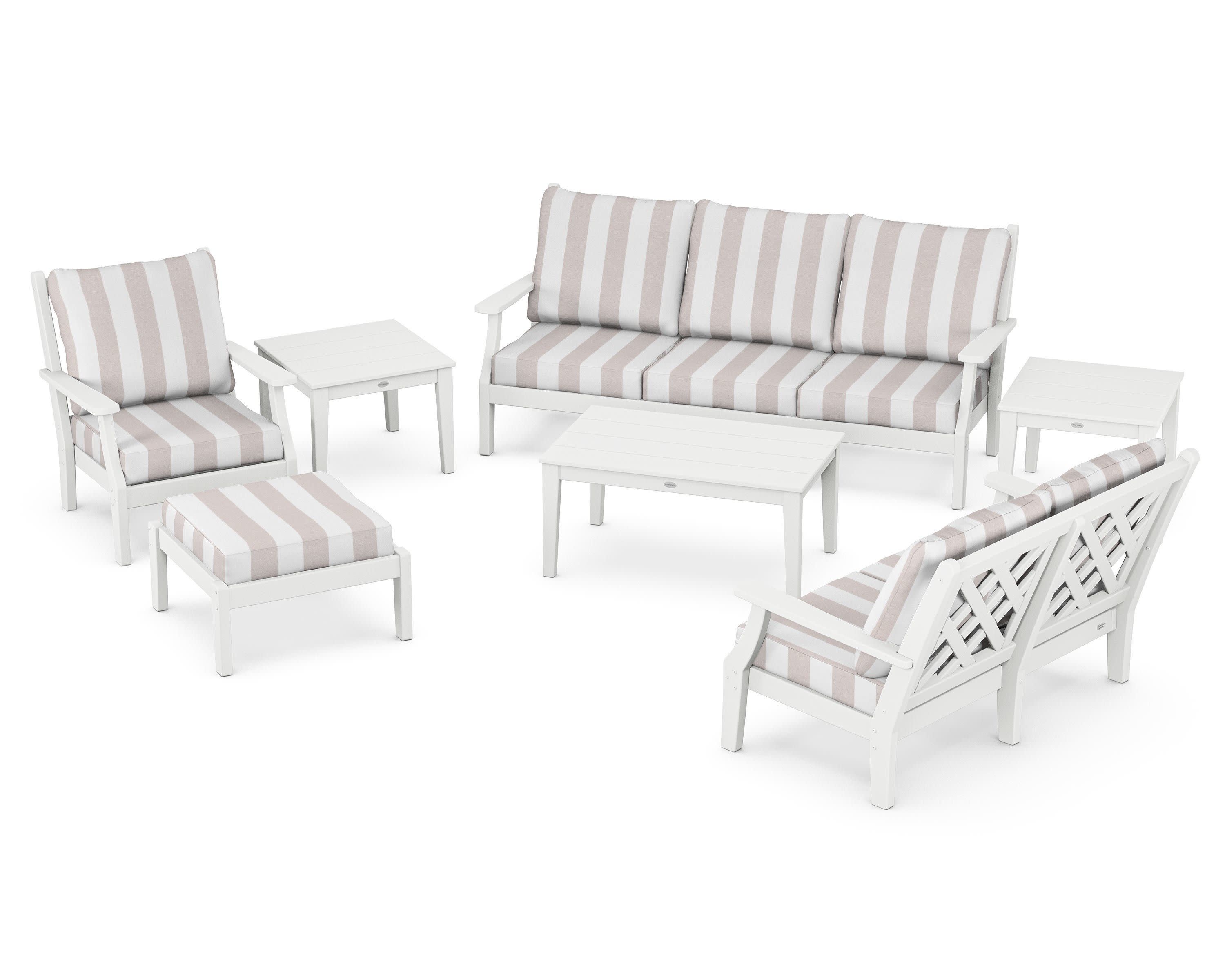 Wovendale 7-Piece Deep Seating Set in White / Cabana Stripe Dune Burlap
