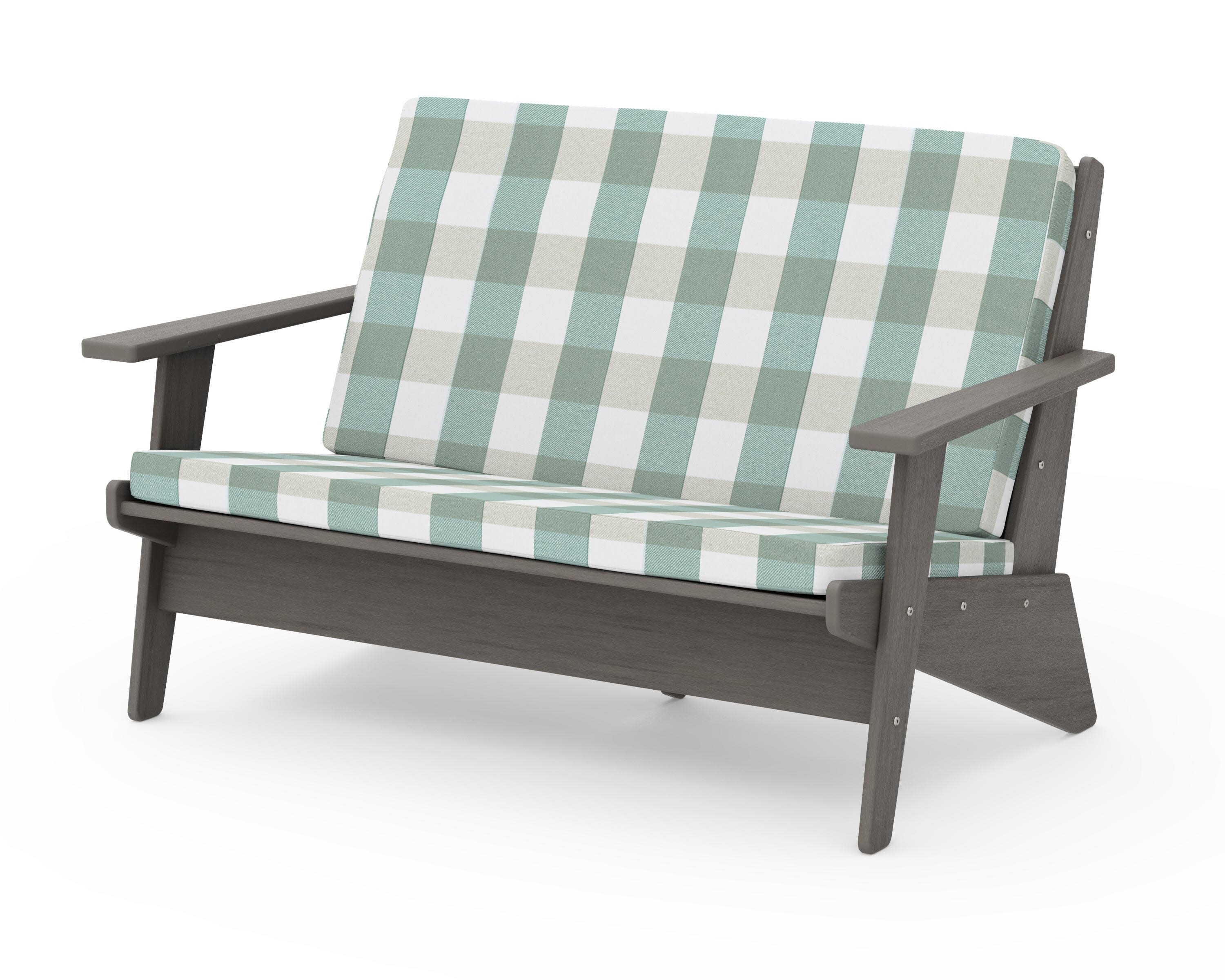 Riviera Modern Lounge Loveseat in Driftwood / Buffalo Plaid Glacier Spa