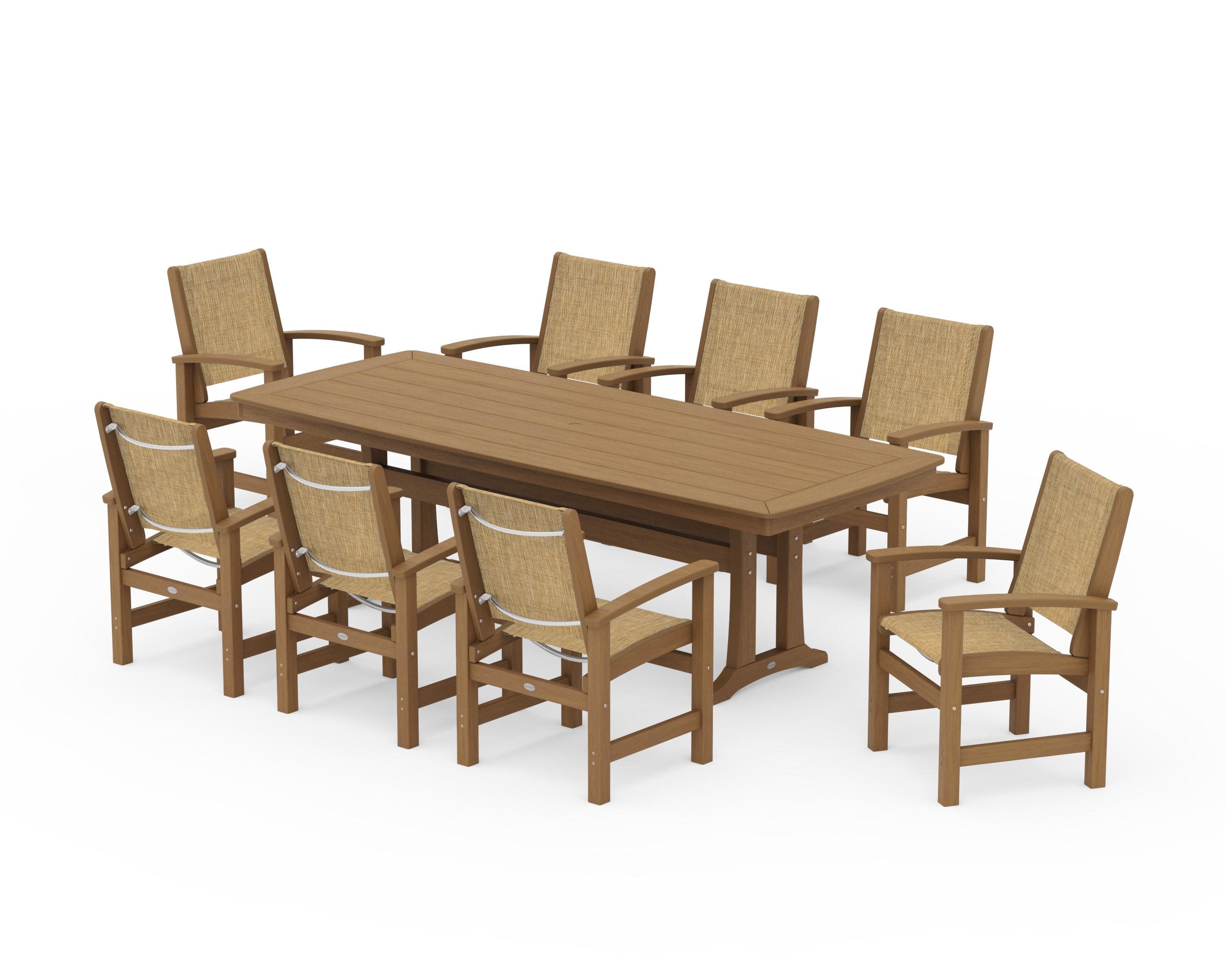 Coastal 9-Piece Dining Set with Trestle Legs in Natural / Burlap Sling