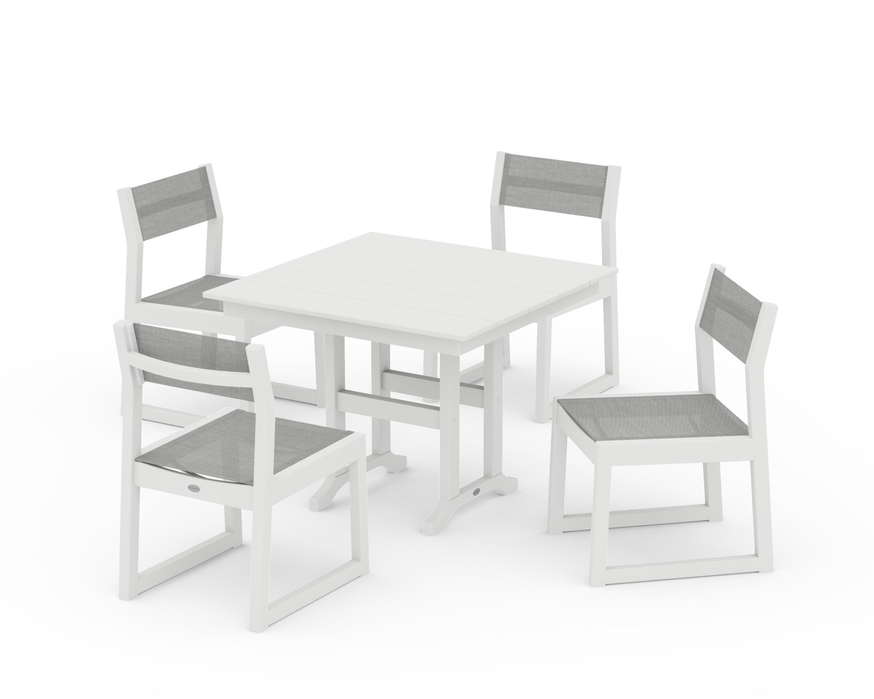 EDGE Sling Side Chair 5-Piece Farmhouse Dining Set in Vintage White / Metallic Sling