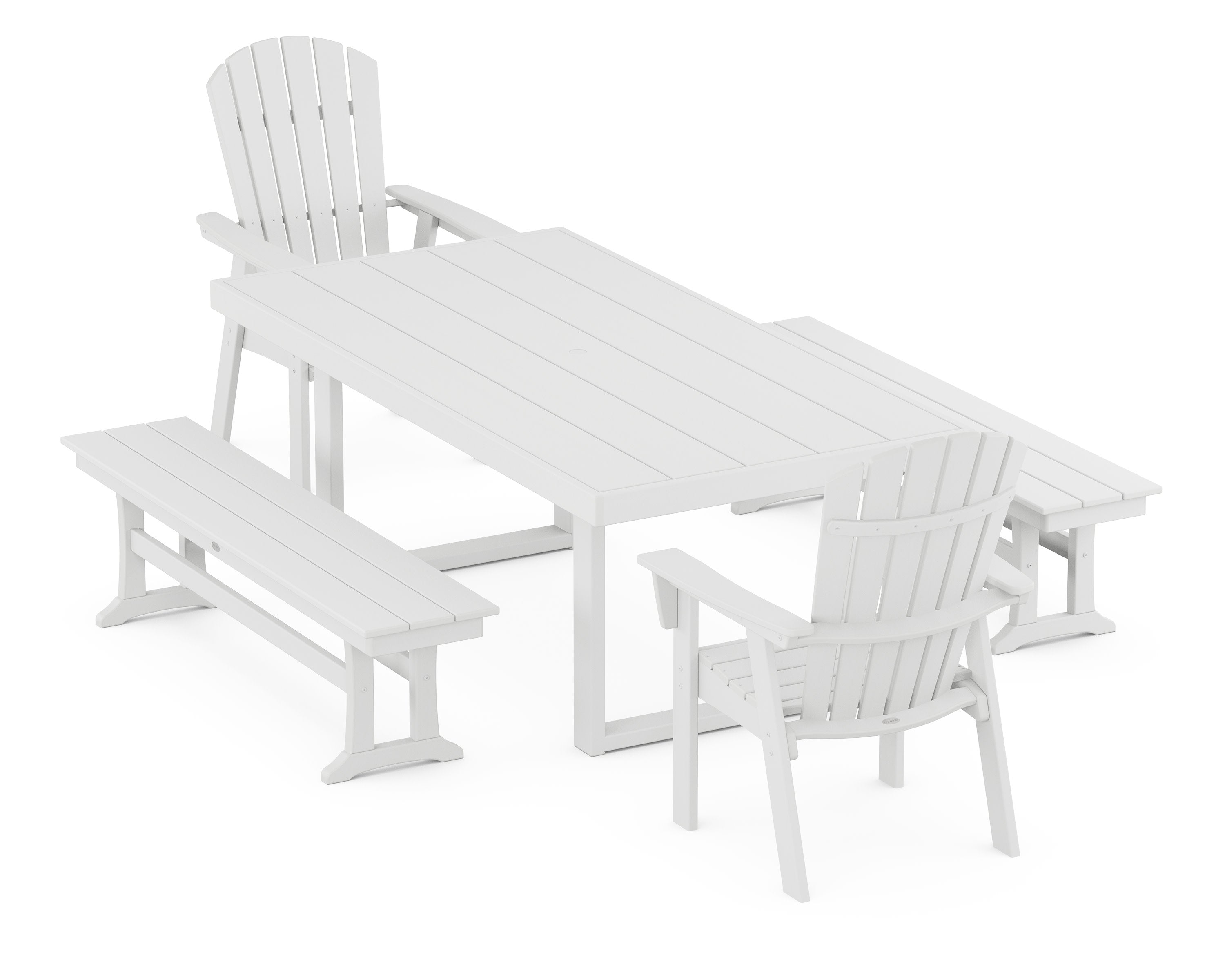 Nautical Curveback Adirondack 5-Piece Dining Set with Benches in White