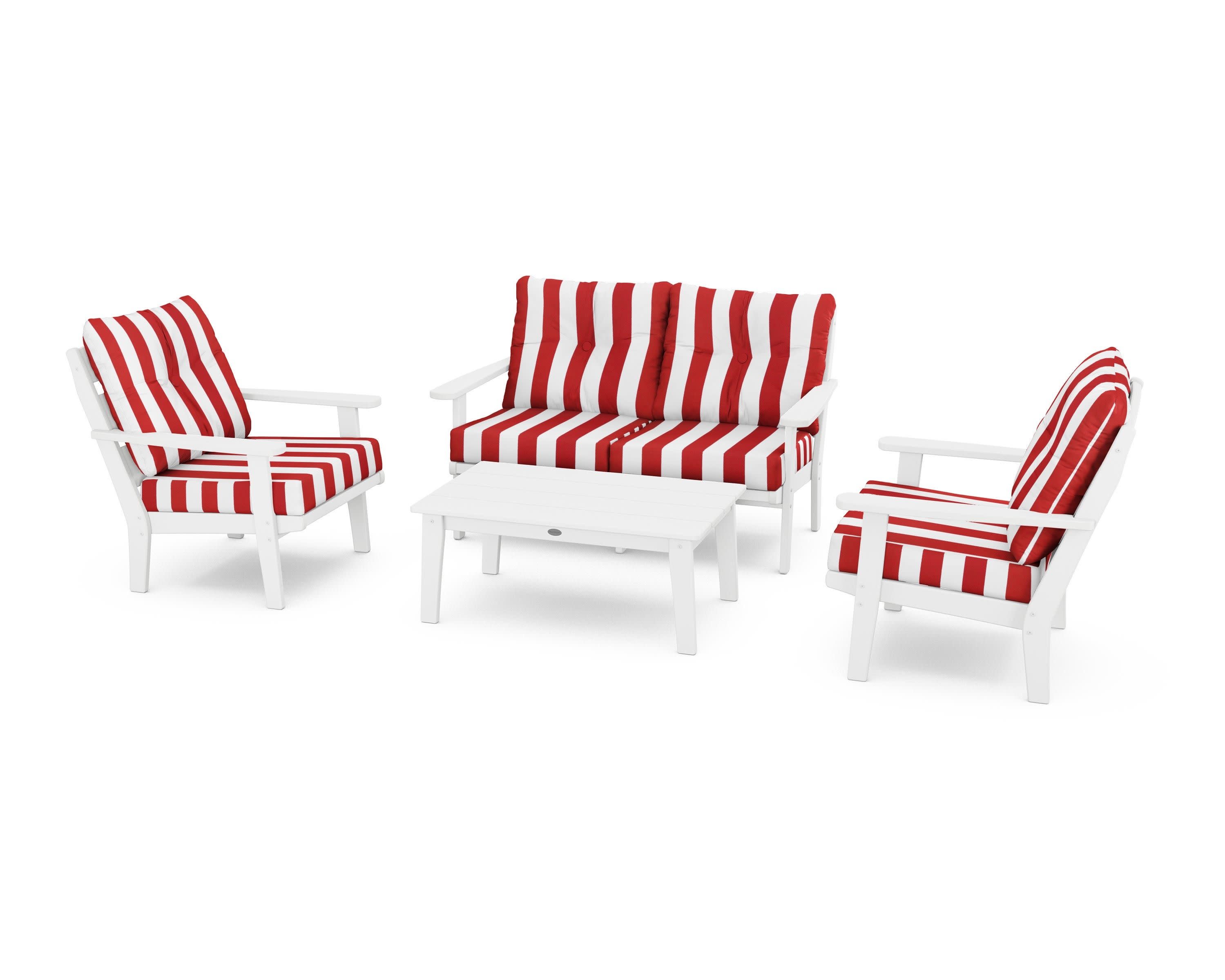 Lakeside 4-Piece Deep Seating Set in White / Cabana Stripe Crimson