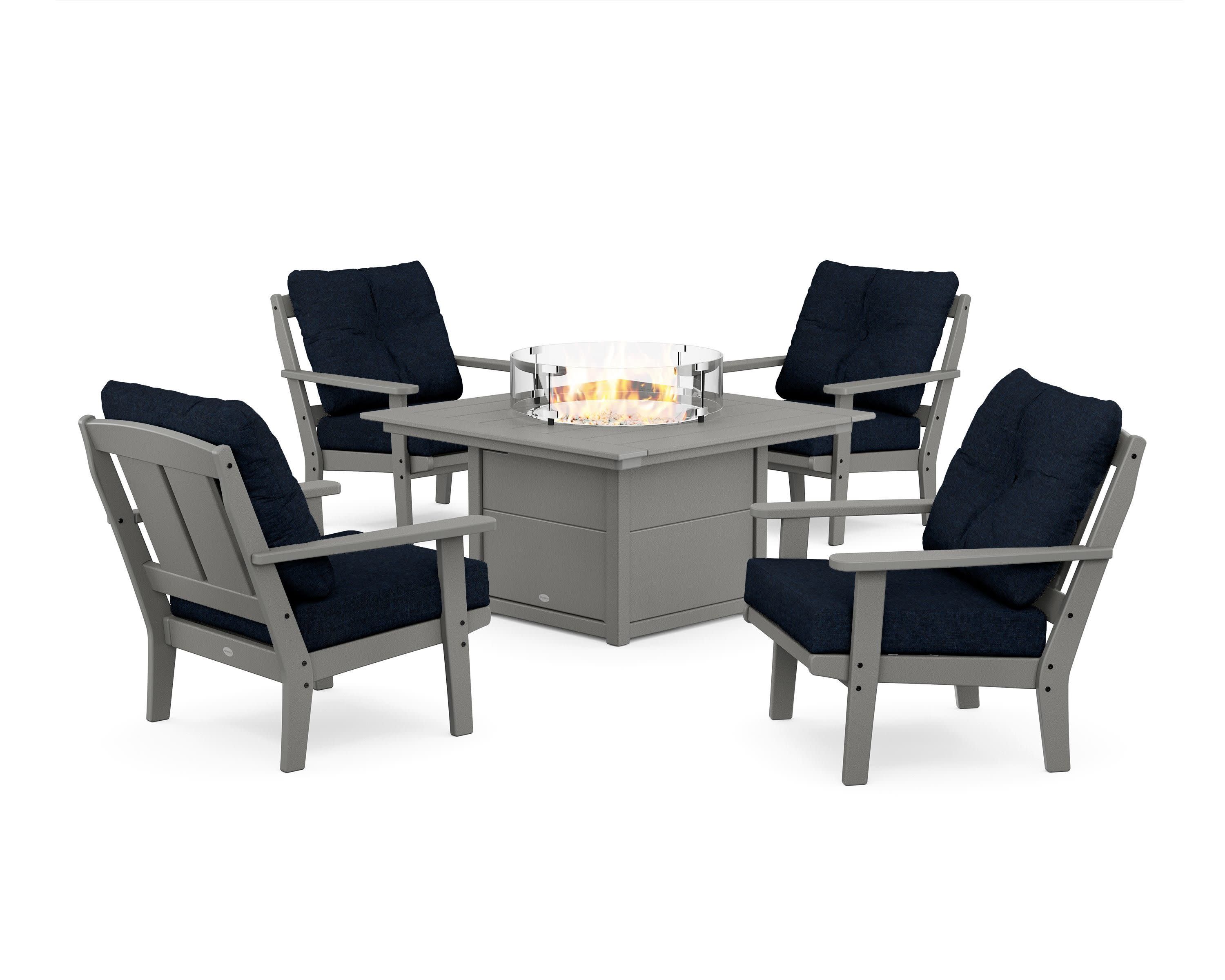 Mission 5-Piece Deep Seating Set with Fire Pit Table in Slate Grey / Marine Indigo
