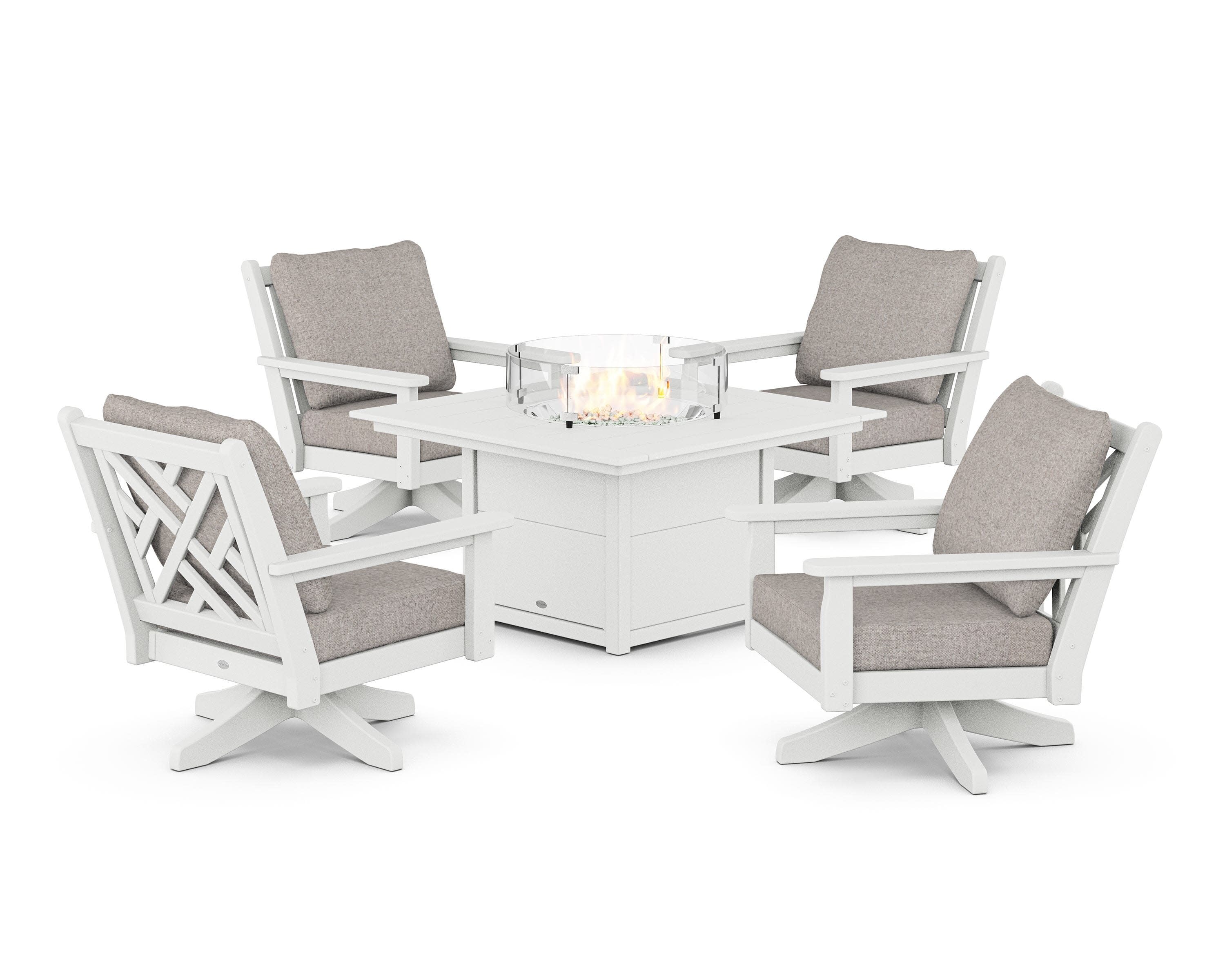 Chippendale 5-Piece Deep Seating Swivel Conversation Set with Fire Pit Table in White / Weathered Tweed
