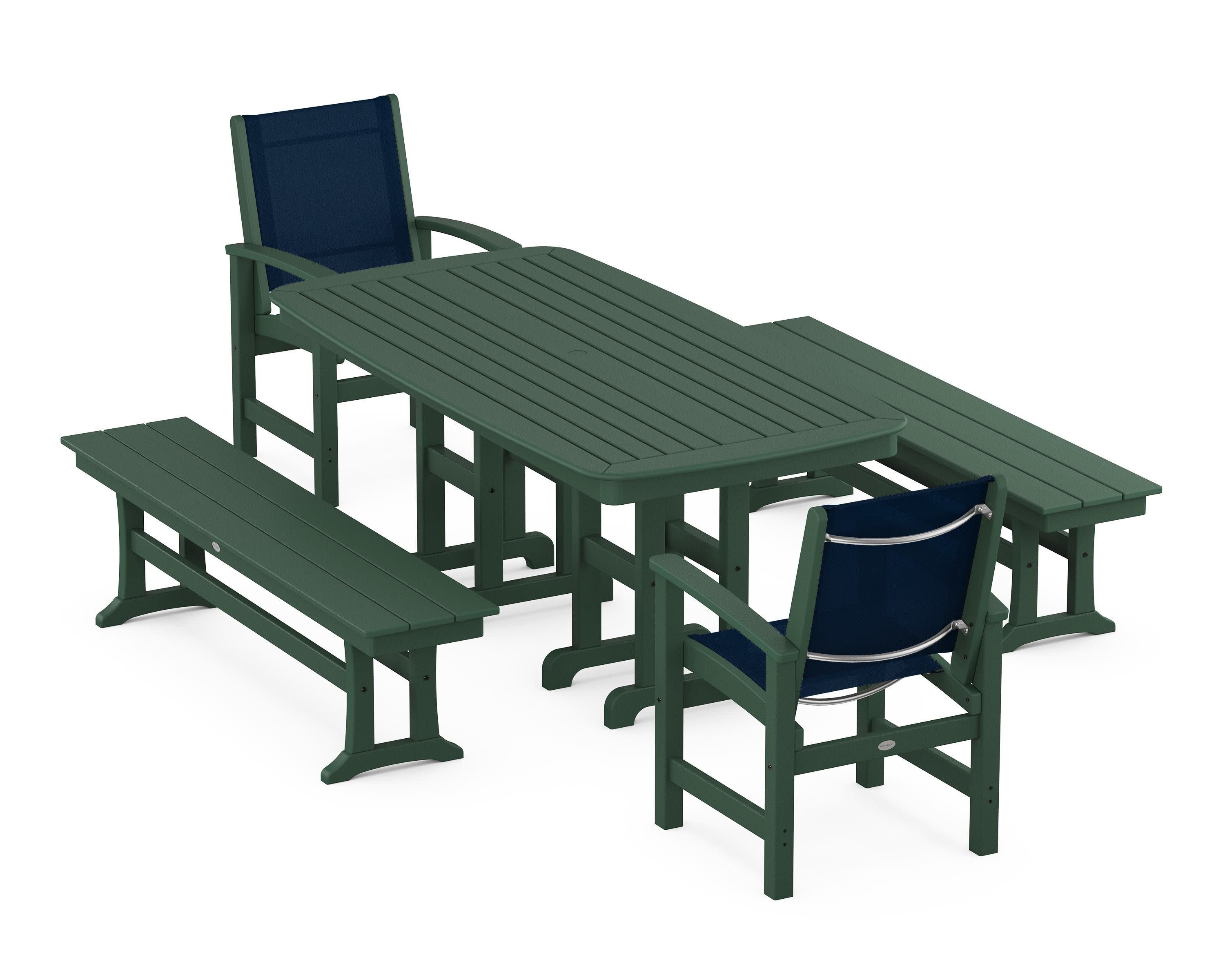 Coastal 5-Piece Dining Set in Green / Navy Blue Sling