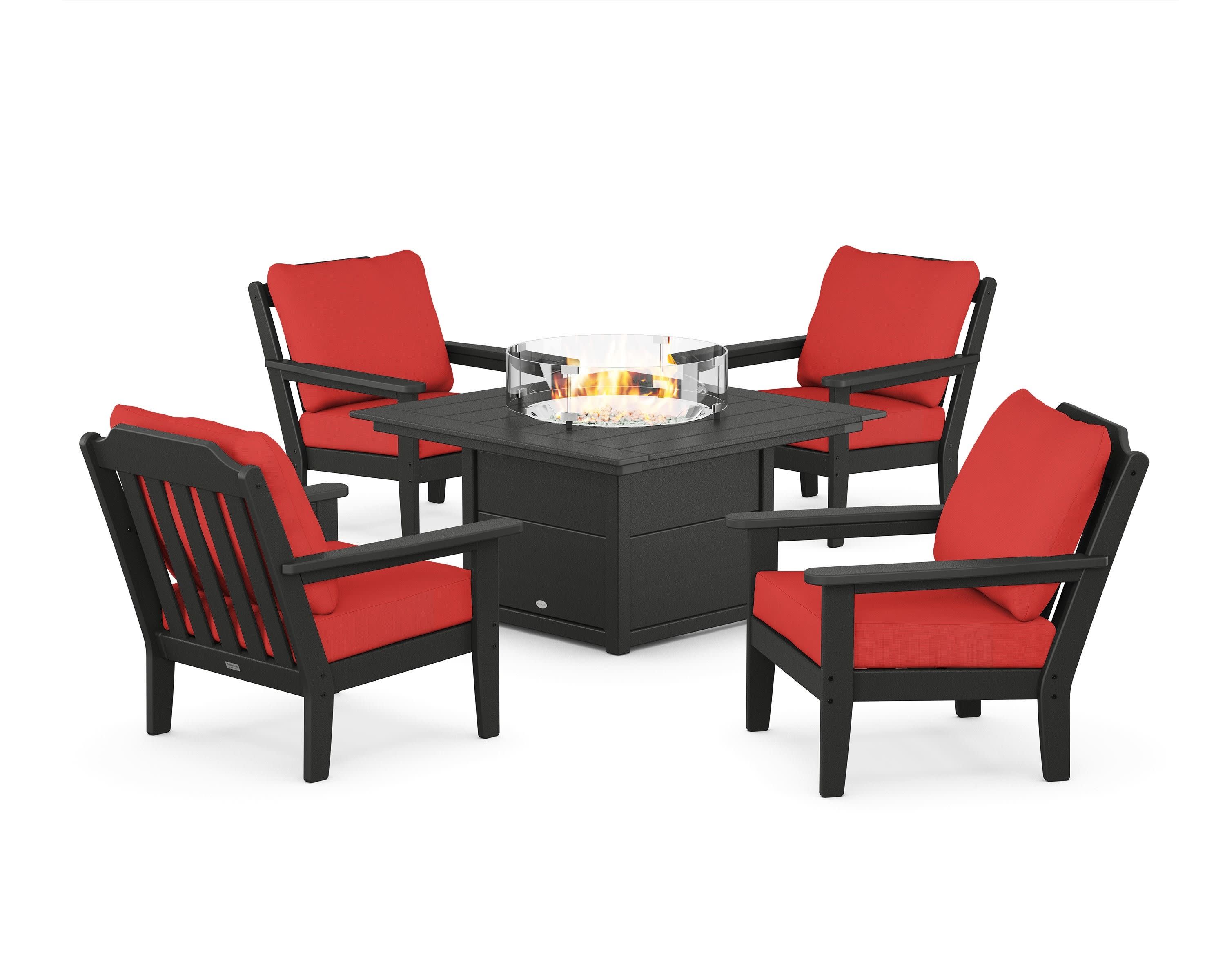 Cottage 5-Piece Deep Seating Set with Fire Pit Table in Black / Crimson Linen