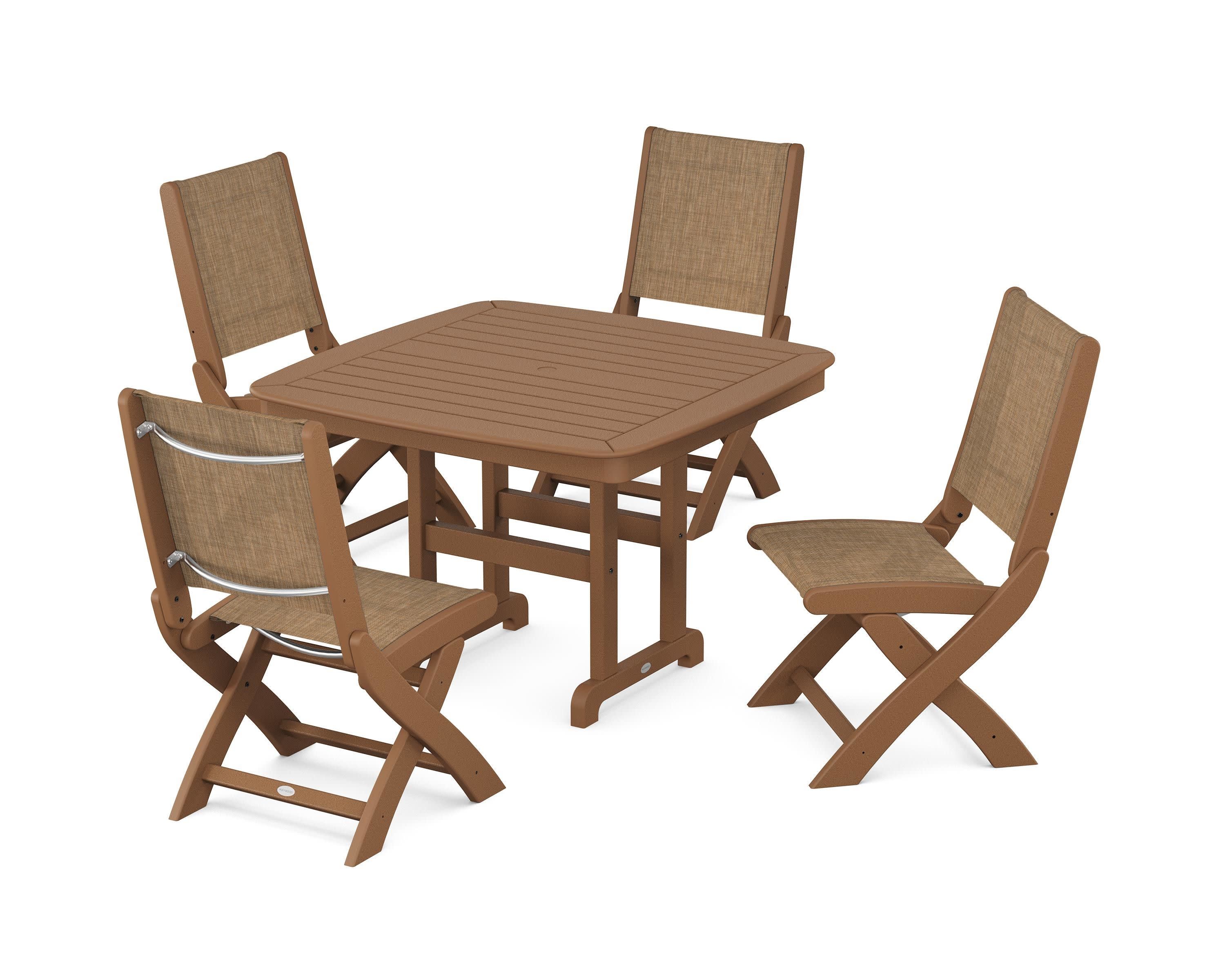 Coastal Folding Side Chair 5-Piece Dining Set in Teak / Burlap Sling