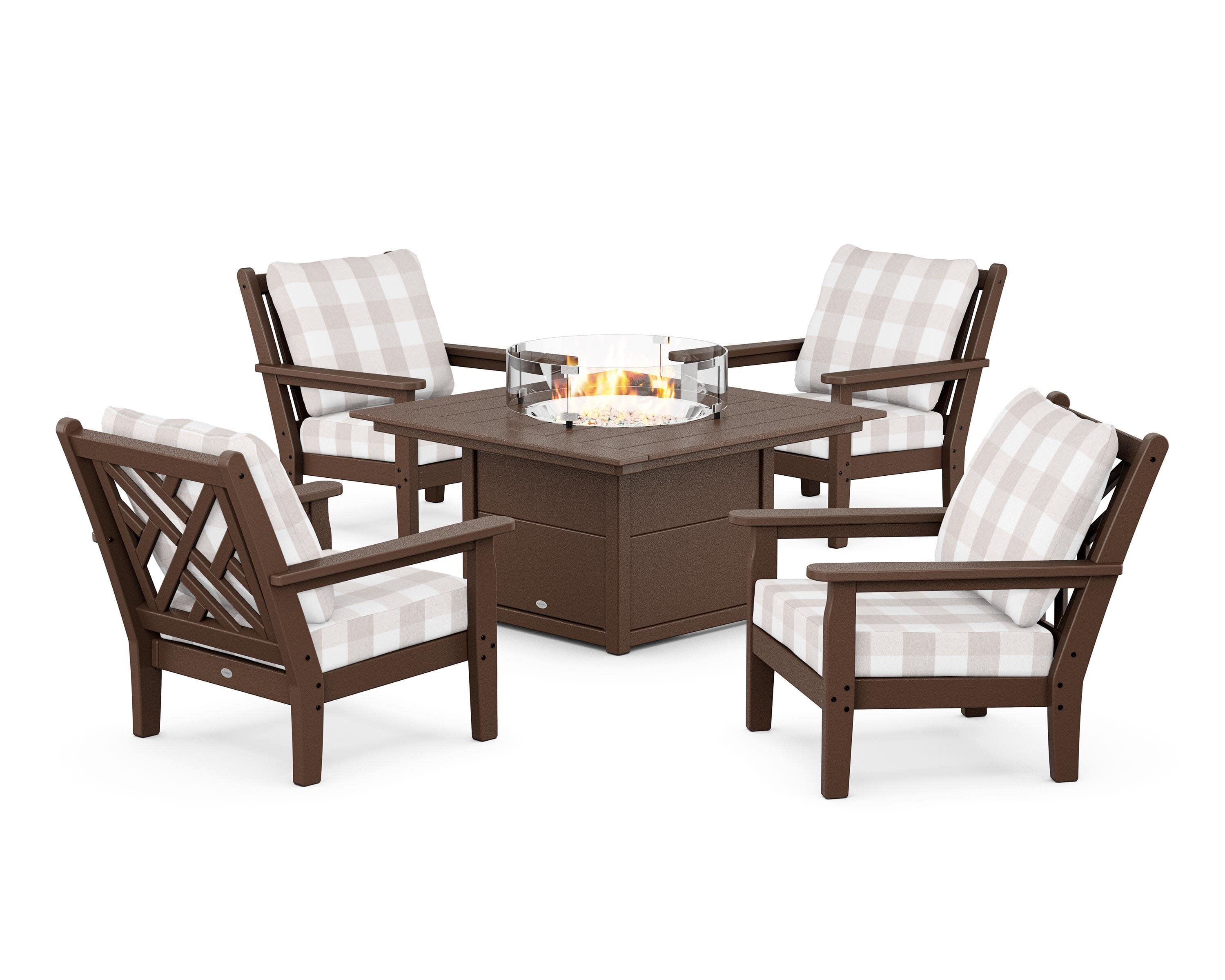 Chippendale 5-Piece Deep Seating Set with Fire Pit Table in Mahogany / Buffalo Plaid Dune Burlap