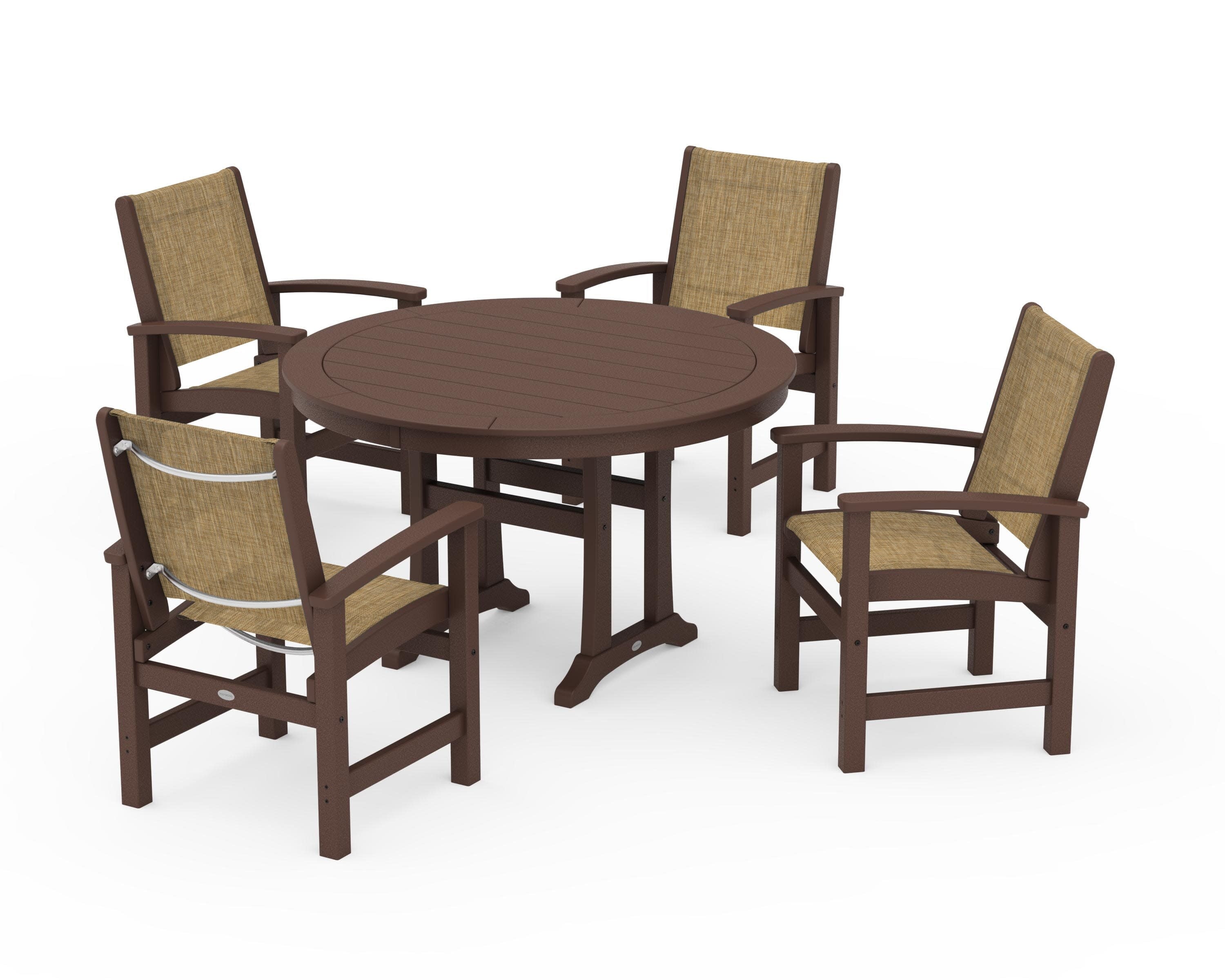 Coastal 5-Piece Round Dining Set with Trestle Legs in Mahogany / Burlap Sling