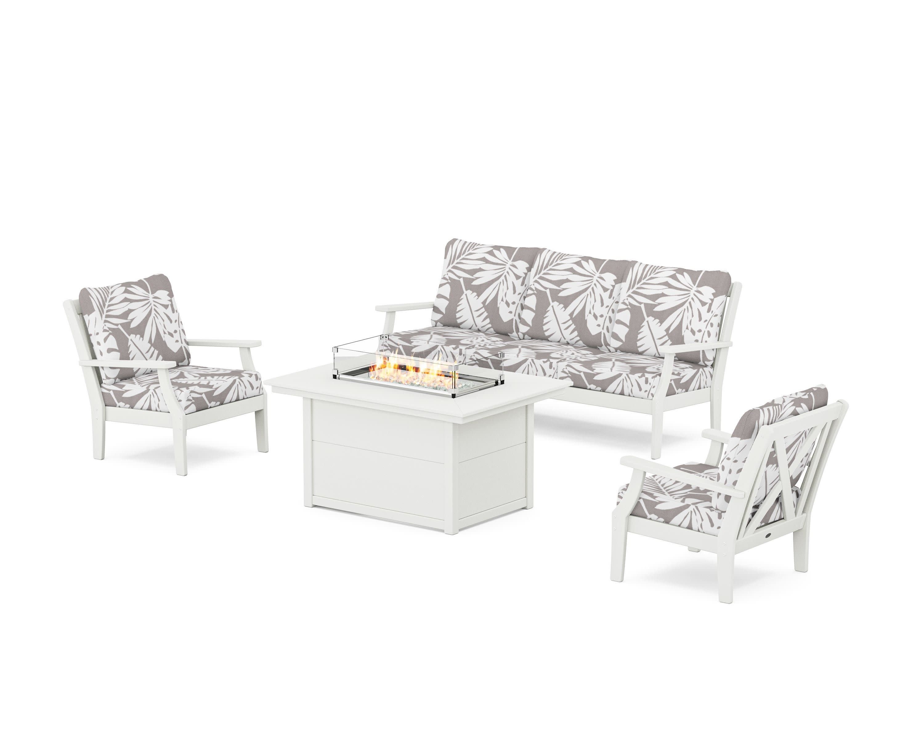 Braxton Deep Seating Fire Pit Table Set in Vintage White / Leaf Grey Mist