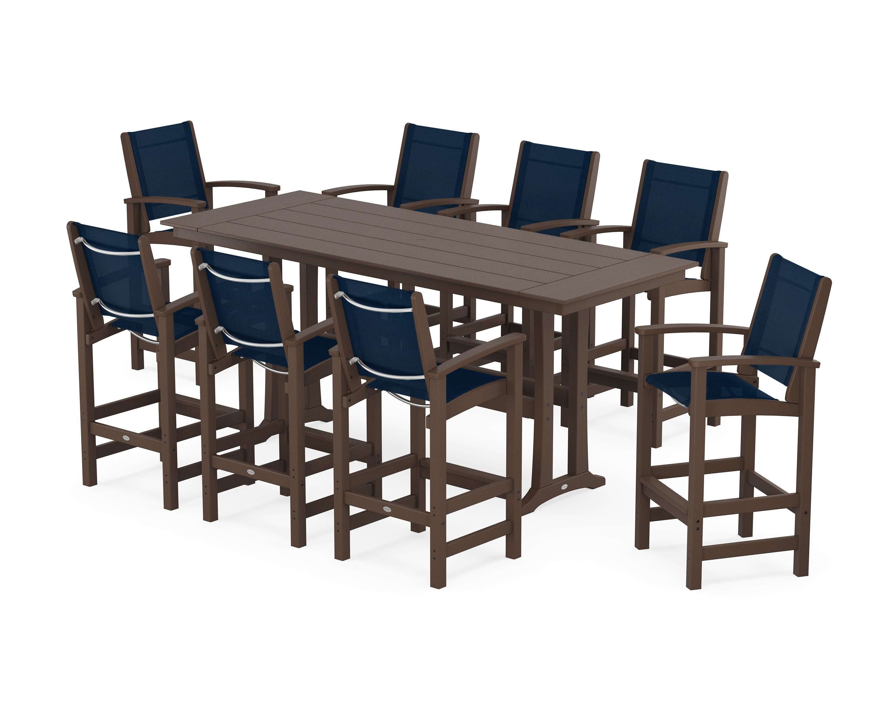 Coastal 9-Piece Farmhouse Bar Set with Trestle Legs in Mahogany / Navy Blue Sling