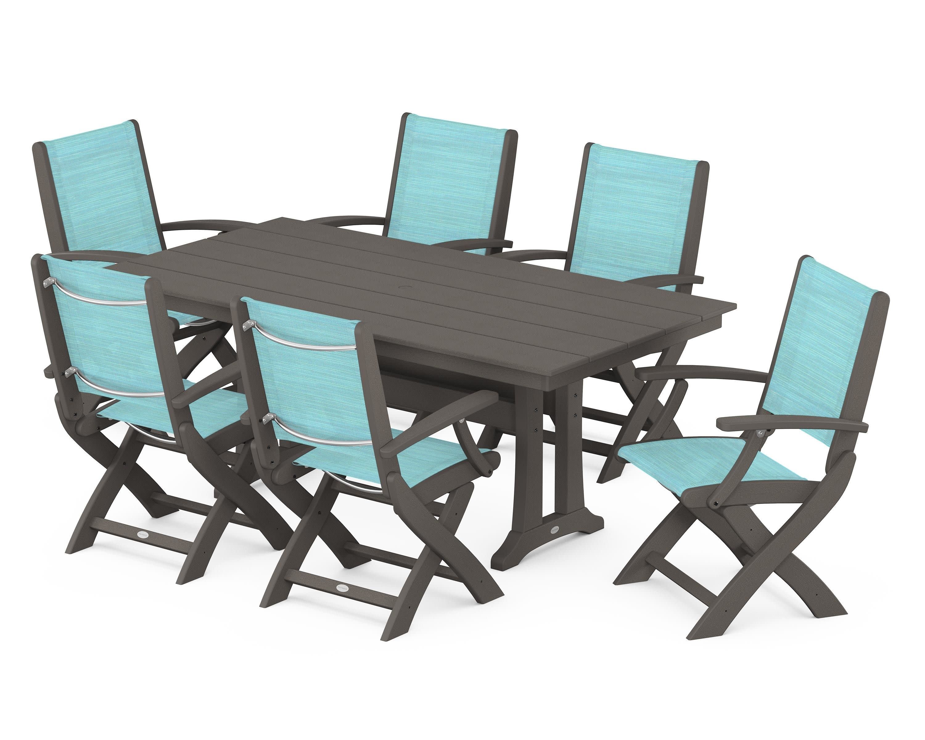 Coastal Folding Arm Chair 7-Piece Farmhouse Dining Set with Trestle Legs in Vintage Coffee / Dupioni Aquamarine Sling