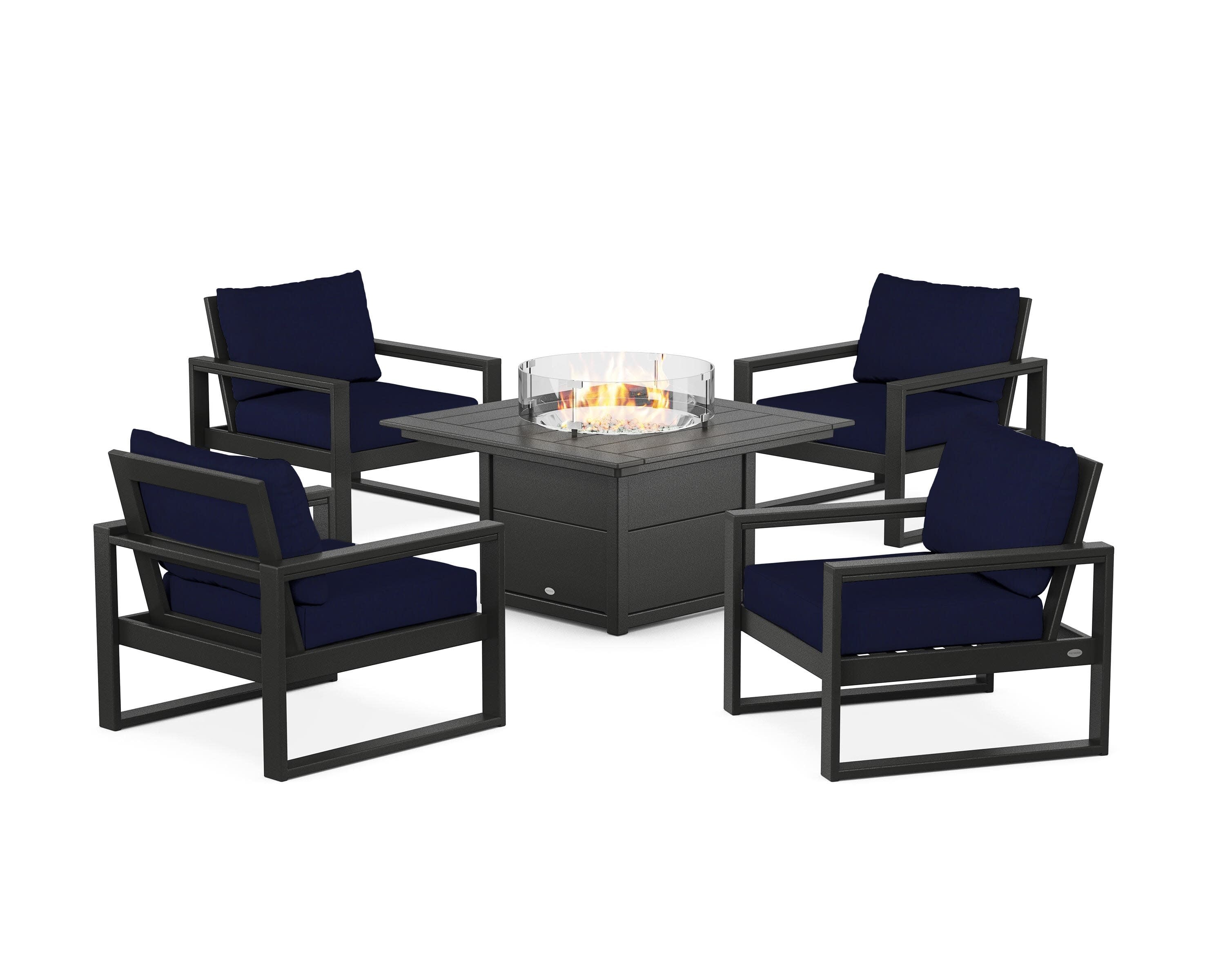 EDGE Sectional 5-Piece Deep Seating Set with Fire Pit Table in Black / Navy