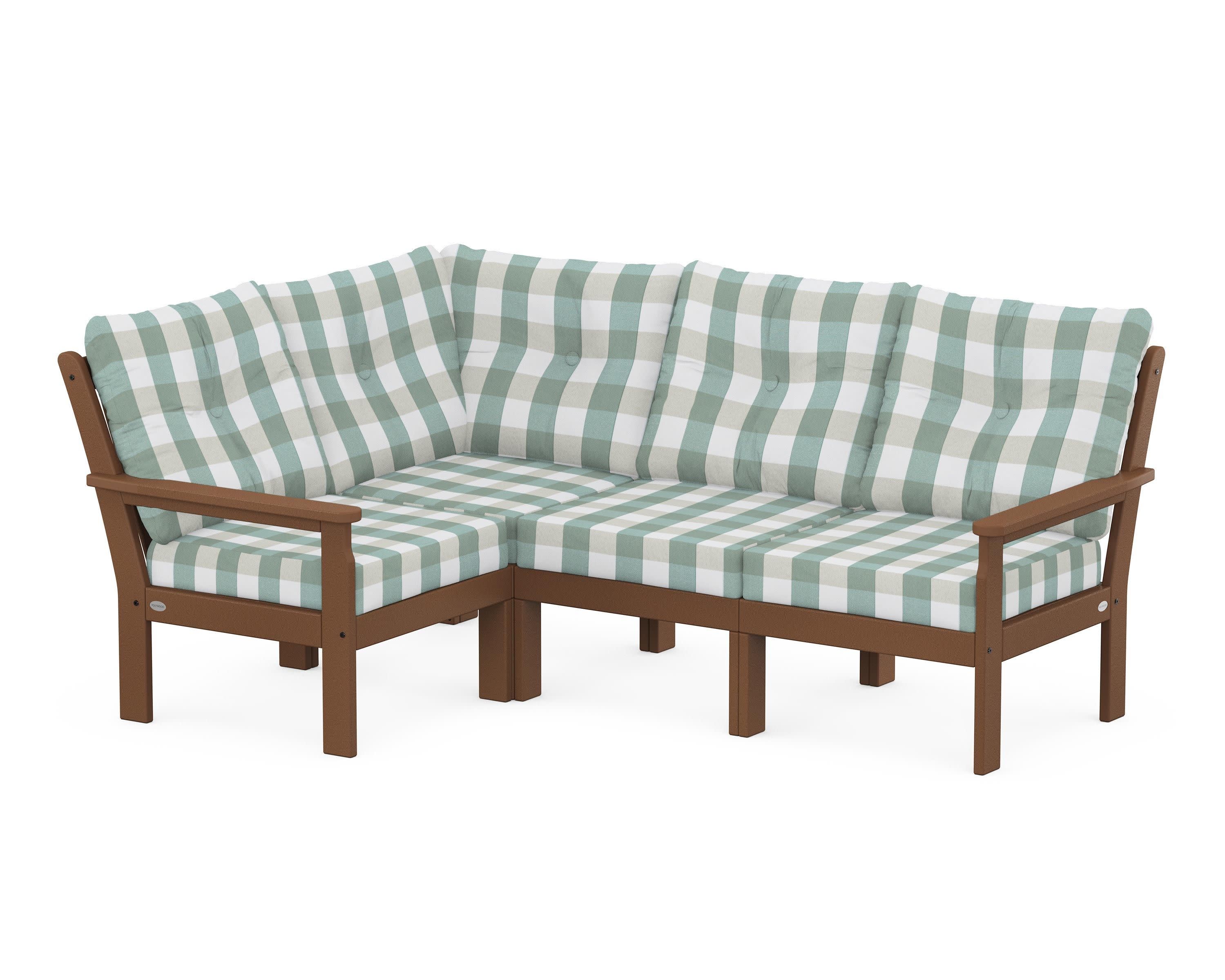 Vineyard 4-Piece Sectional in Teak / Buffalo Plaid Glacier Spa