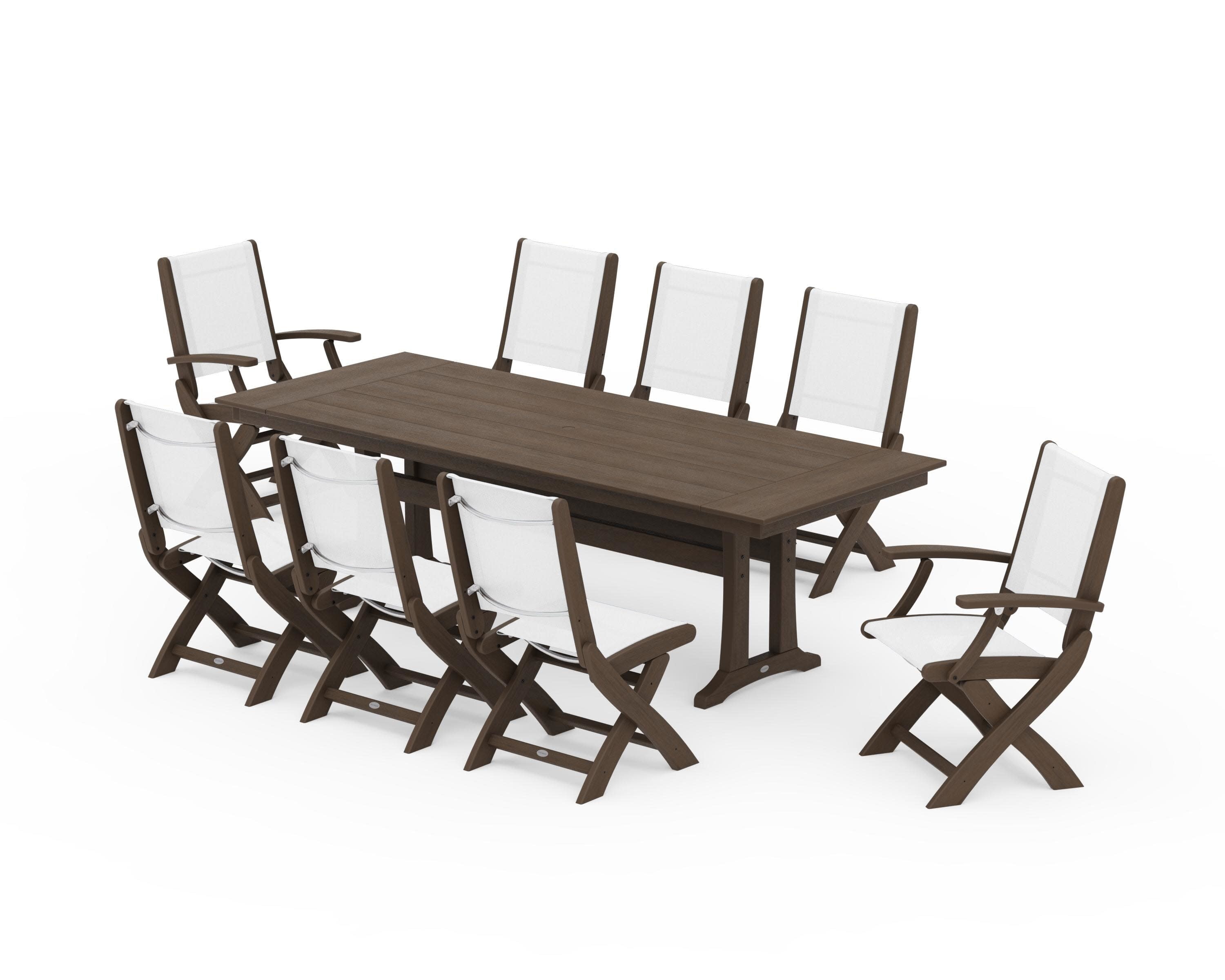 Coastal 9-Piece Folding Dining Chair Farmhouse Dining Set with Trestle Legs in Kona / White Sling