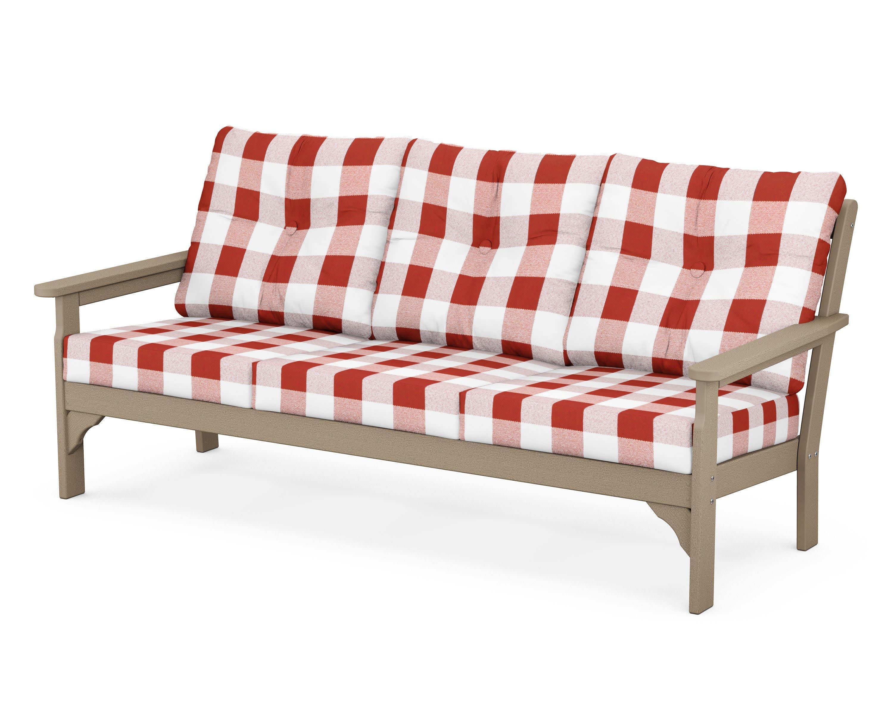 Vineyard Deep Seating Sofa in Vintage Sahara / Buffalo Plaid Crimson