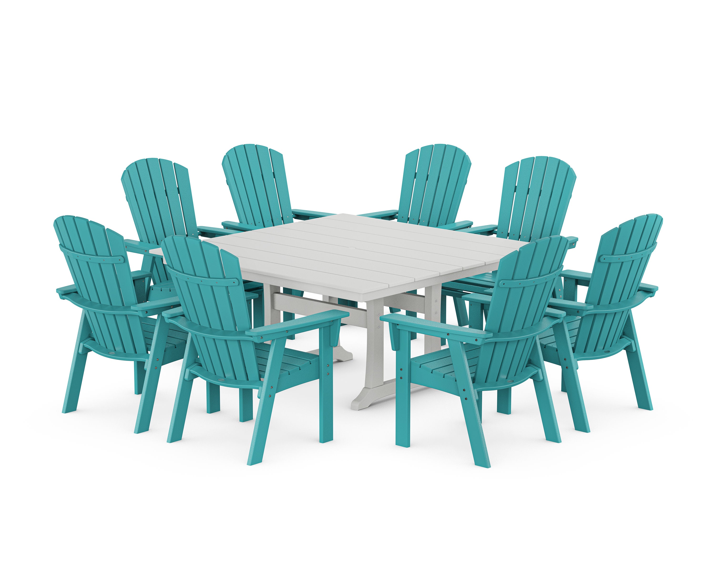 Nautical Curveback Adirondack 9-Piece Square Dining Set with Trestle Legs in Aruba / White