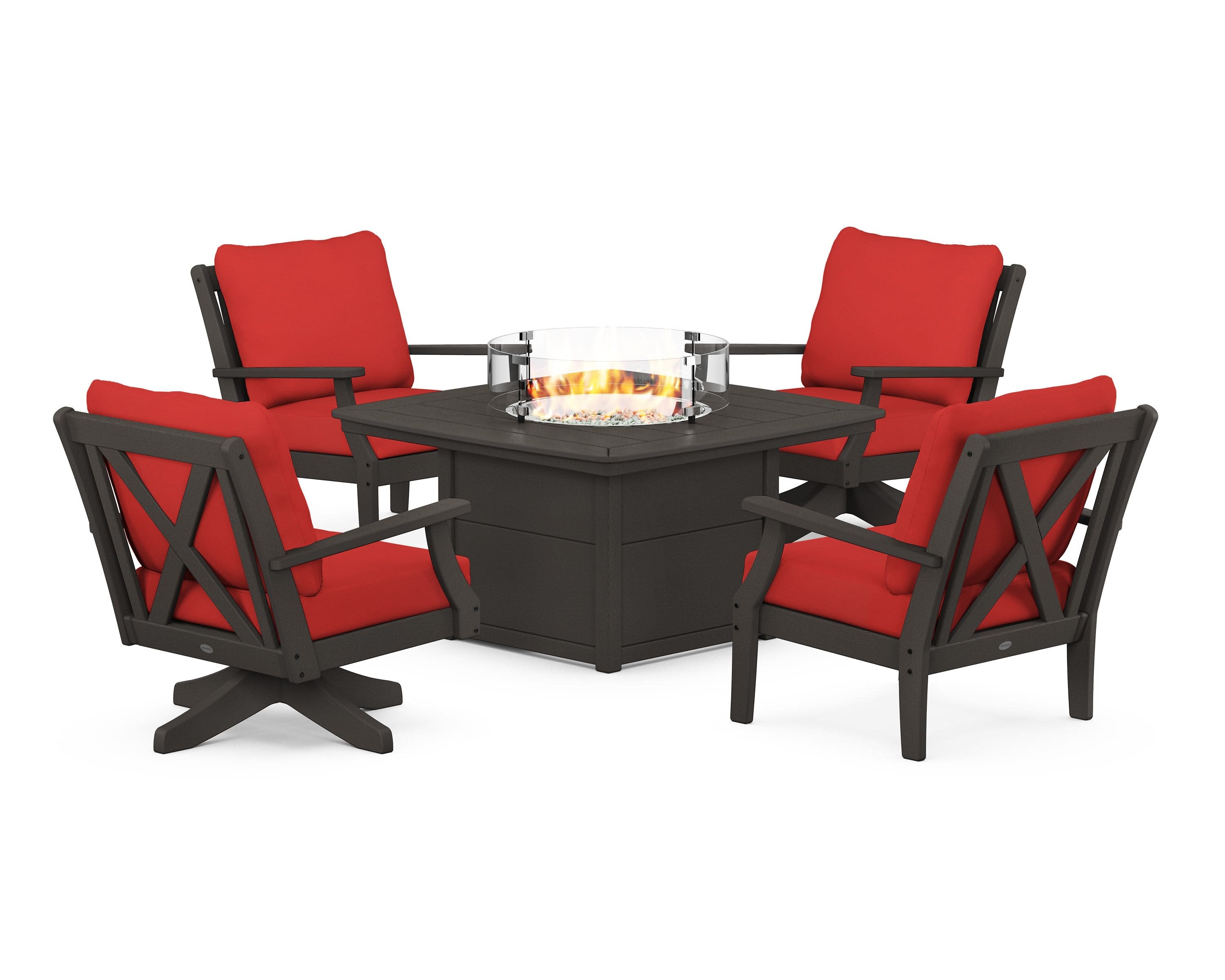 Braxton 5-Piece Deep Seating Set with Fire Table in Vintage Coffee / Crimson Linen