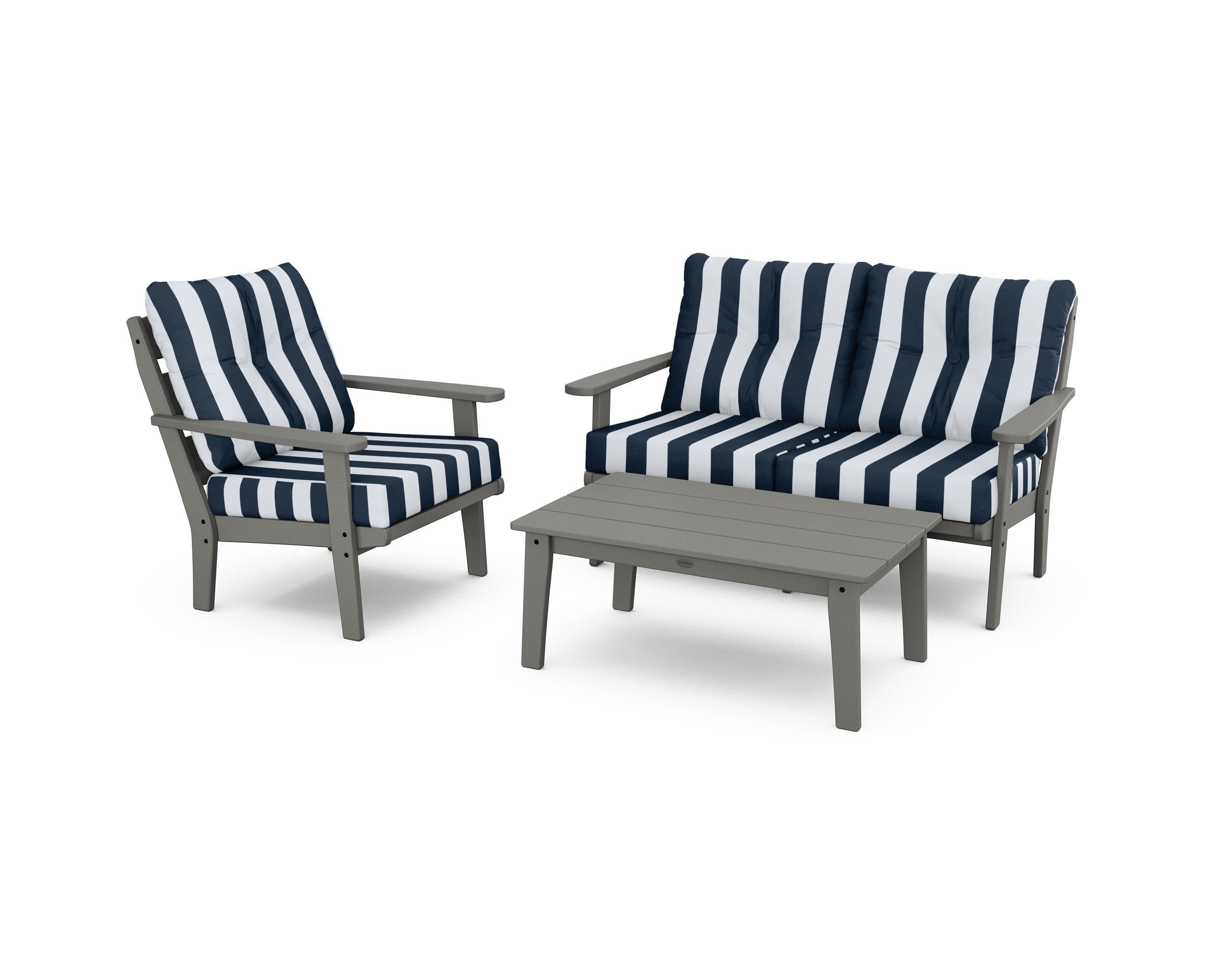 Lakeside 3-Piece Deep Seating Set in Slate Grey / Cabana Stripe Marine Indigo