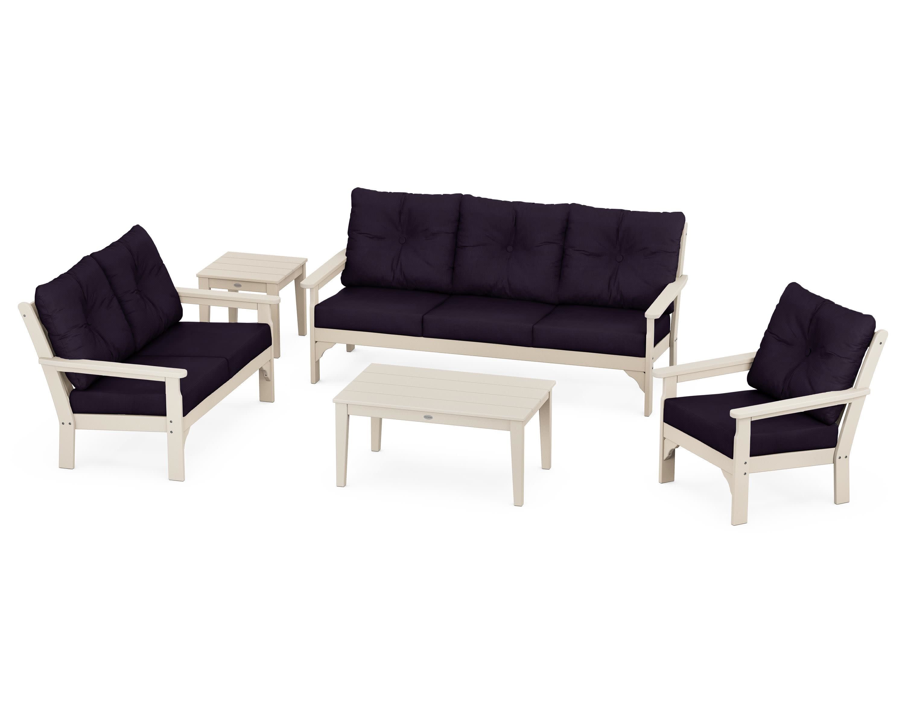 Vineyard 5 Piece Deep Seating Set in Sand / Navy Linen