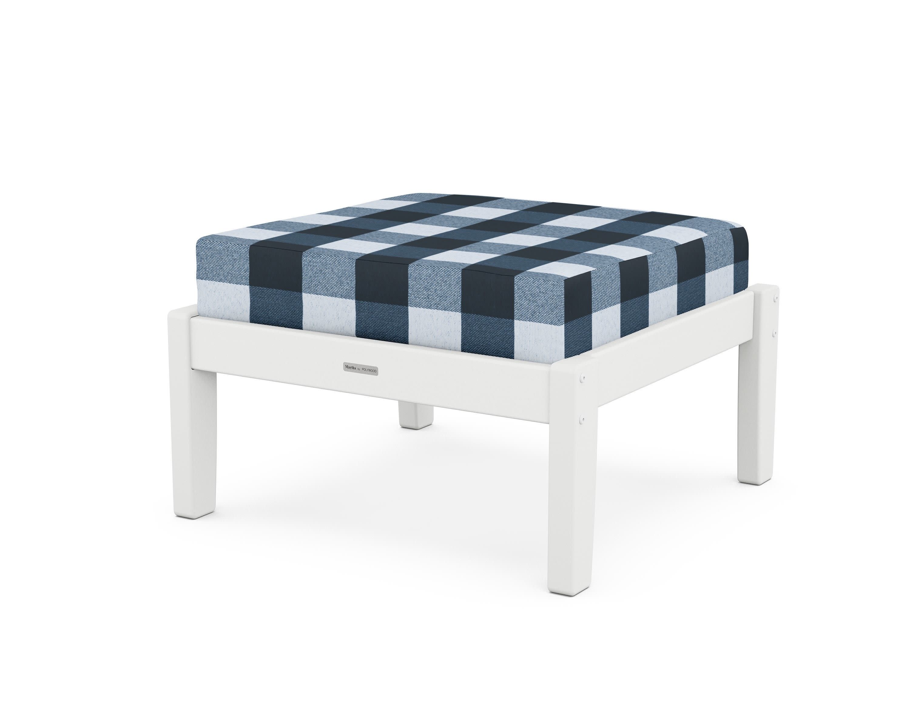 Chinoiserie Deep Seating Ottoman in White / Buffalo Plaid Marine Indigo
