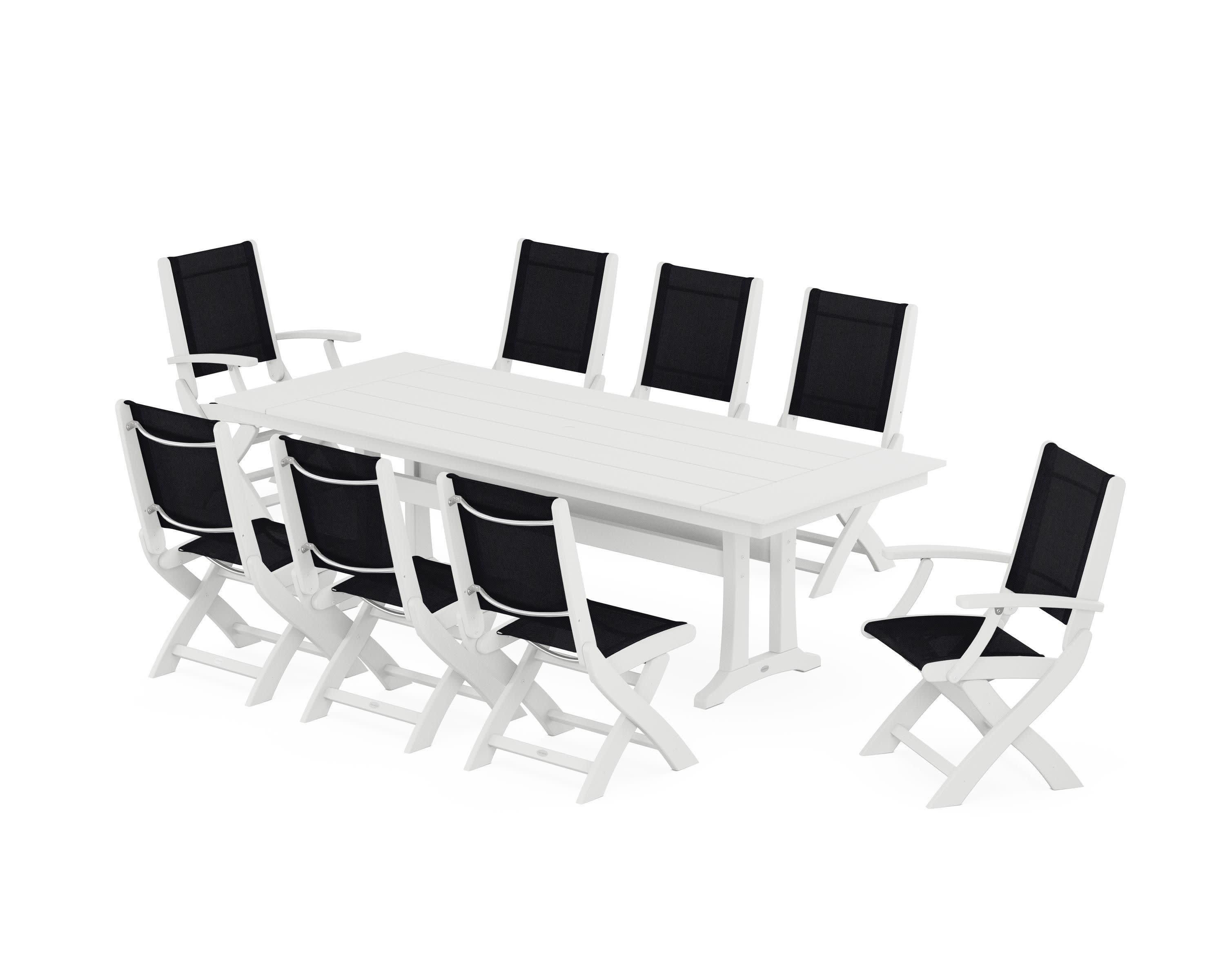Coastal 9-Piece Folding Dining Chair Farmhouse Dining Set with Trestle Legs in White / Black Sling