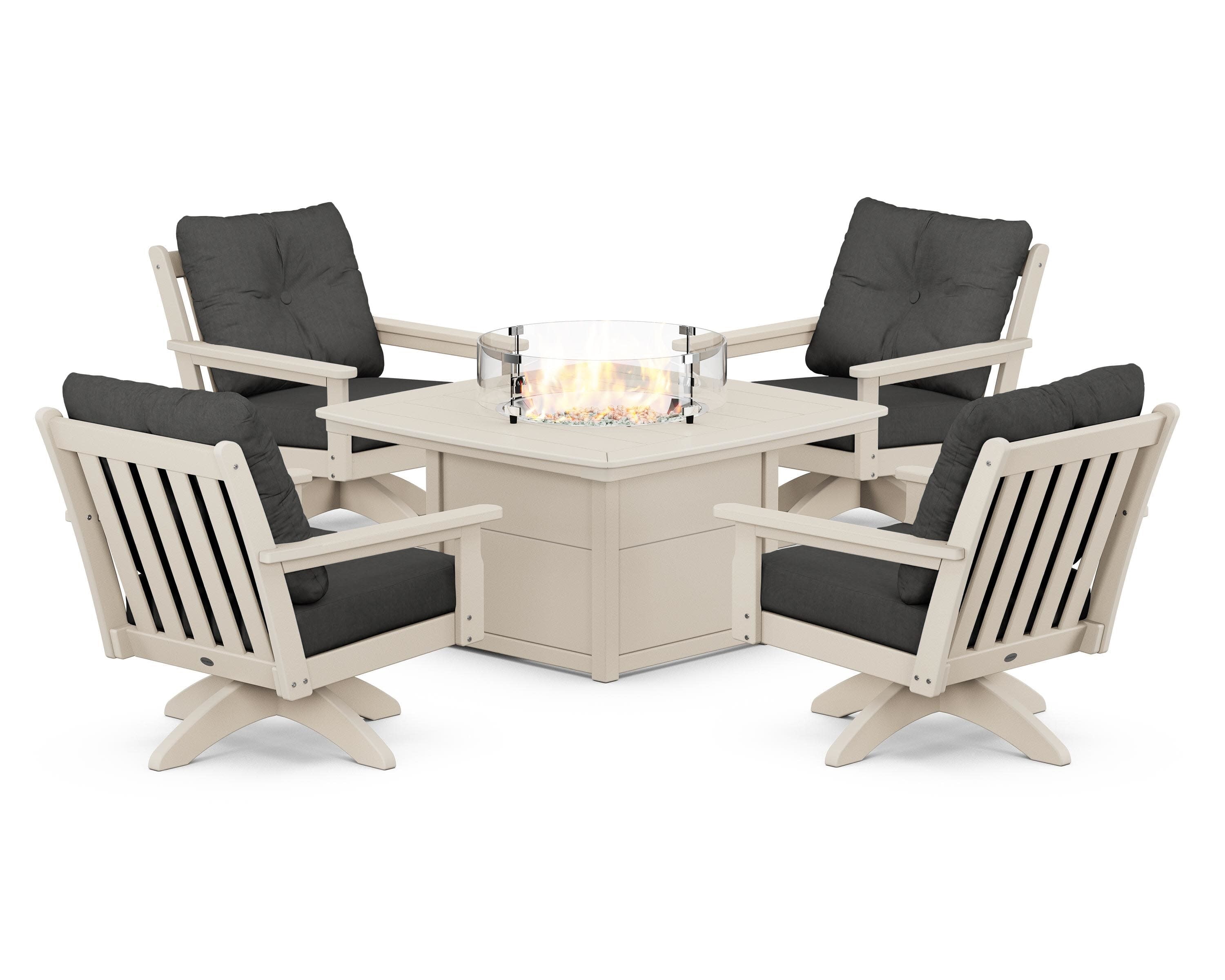 Vineyard 5-Piece Deep Seating Swivel Conversation Set with Fire Pit Table in Sand / Spectrum Carbon