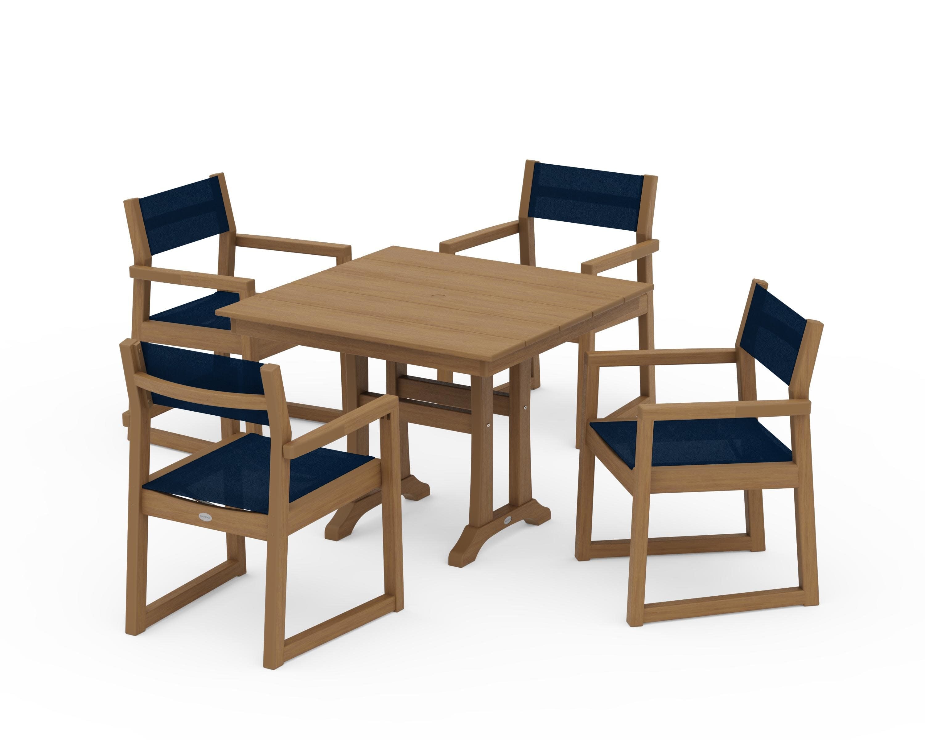 EDGE Sling 5-Piece Farmhouse Dining Set with Trestle Legs in Natural / Navy Blue Sling