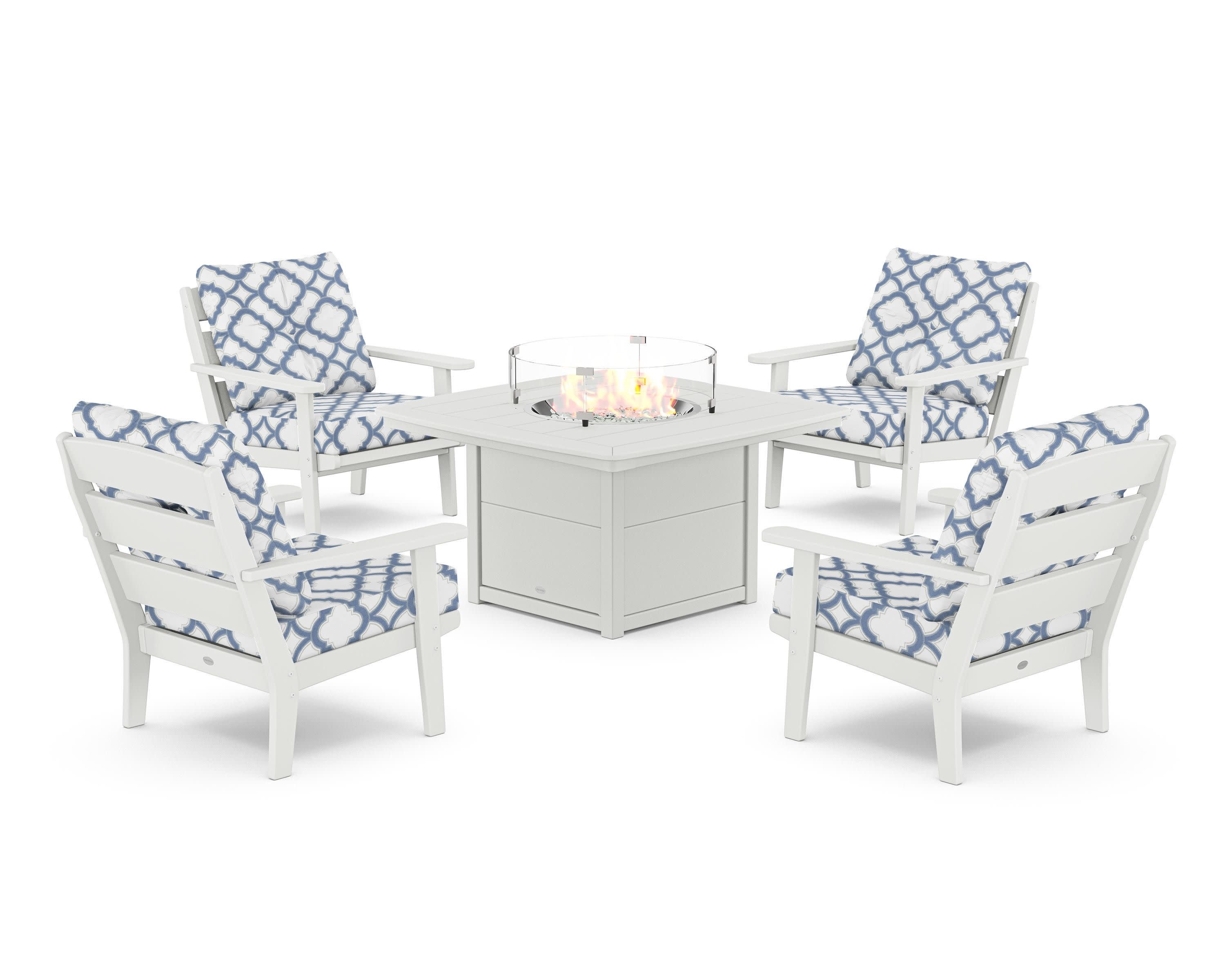 Lakeside 5-Piece Deep Seating Set with Nautical Fire Pit Table in White / Trellis Sky Blue