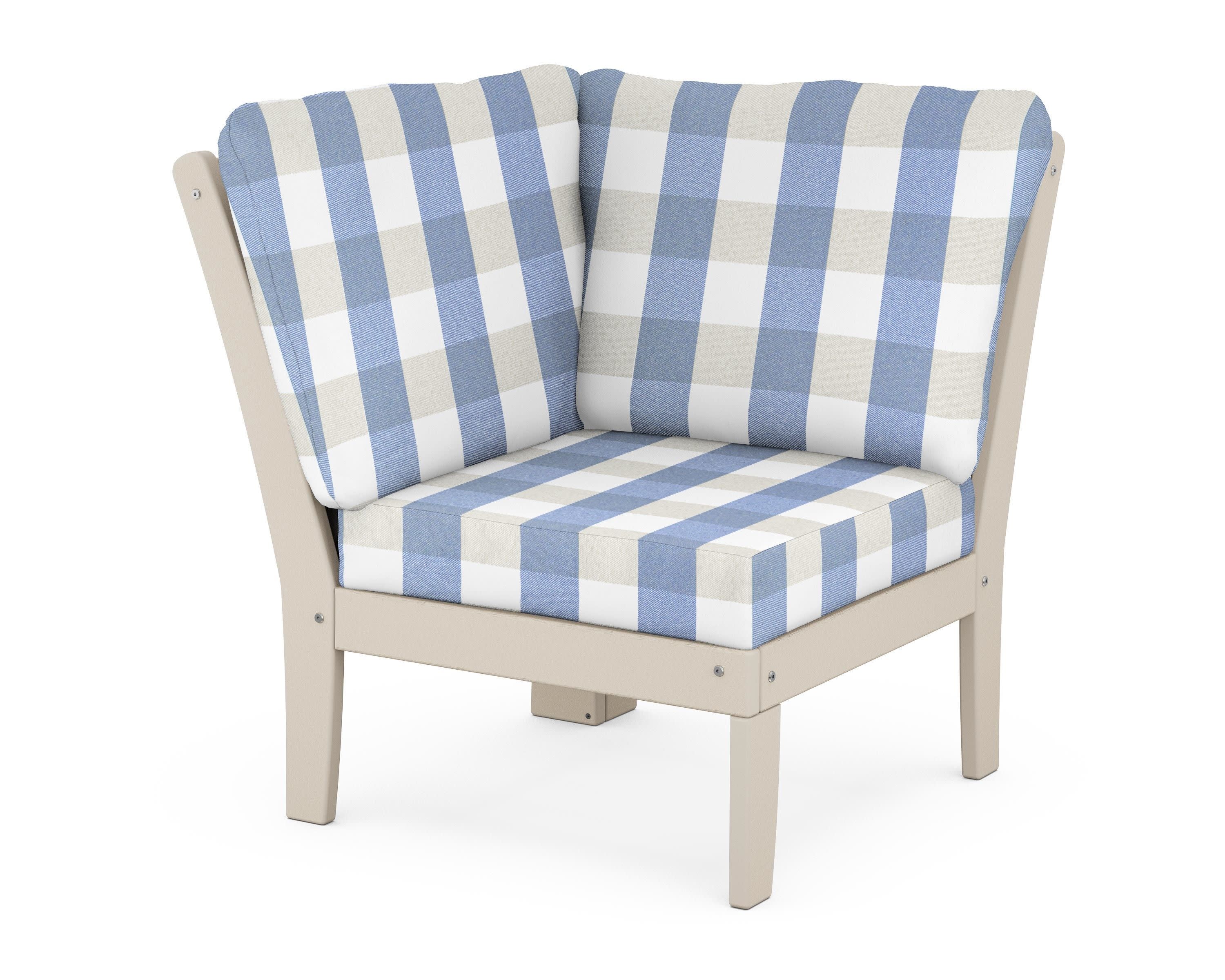 Braxton Modular Corner Chair in Sand / Buffalo Plaid Sky Blue