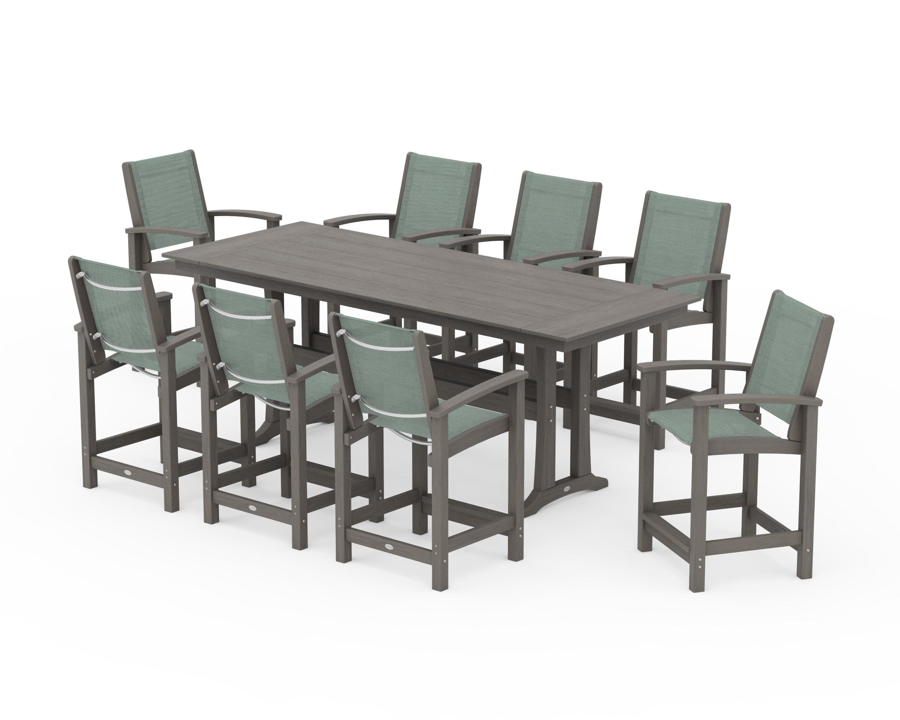 Coastal 9-Piece Farmhouse Counter Set with Trestle Legs in Driftwood / Dupioni Sea Mist Sling