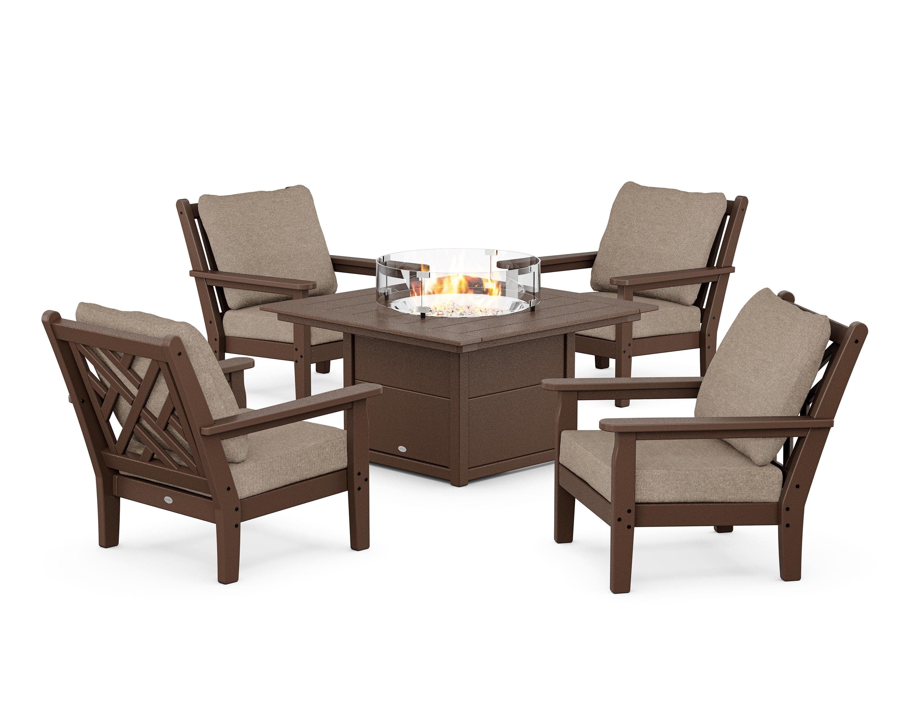 Chippendale 5-Piece Deep Seating Set with Fire Pit Table in Mahogany / Spiced Burlap