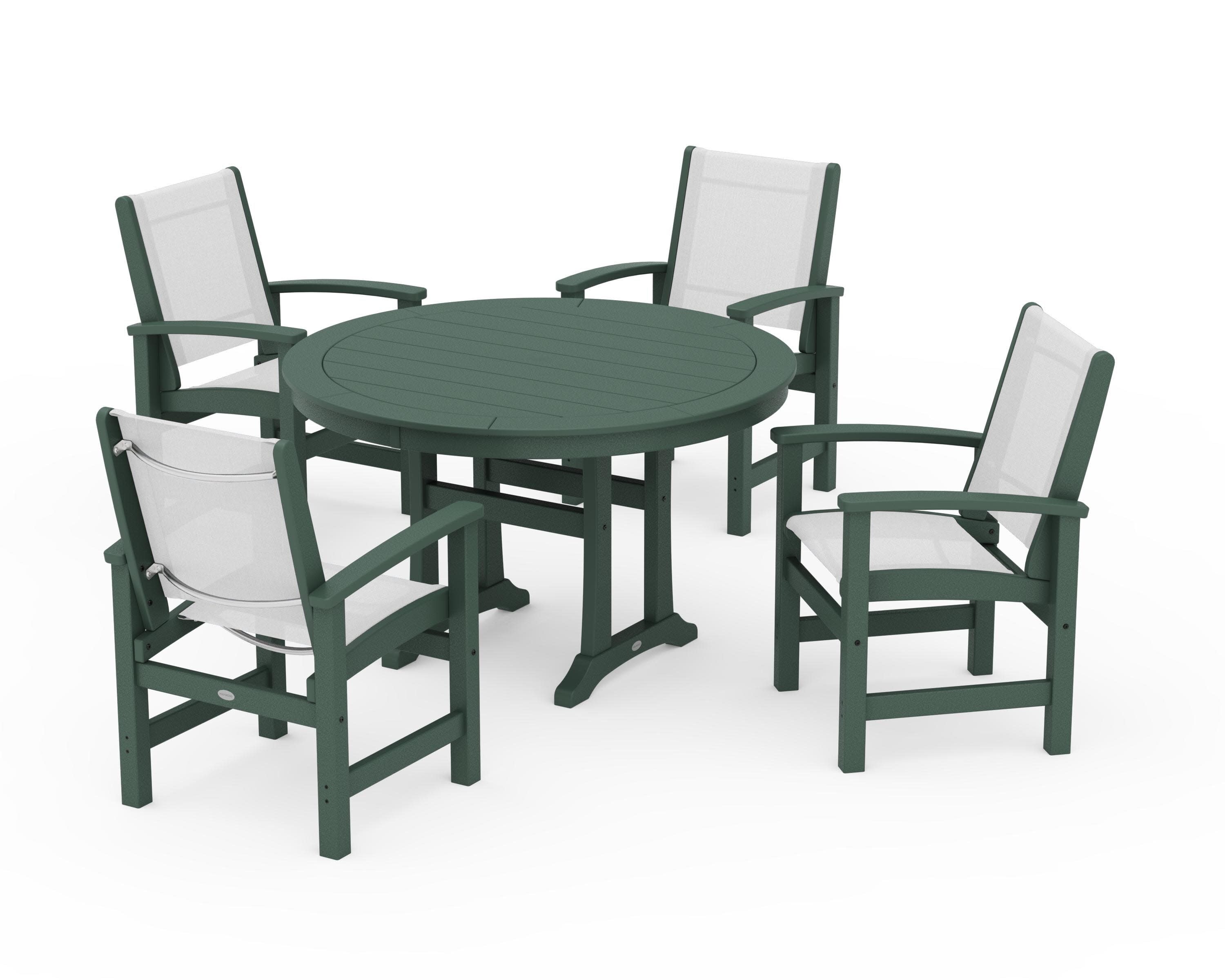 Coastal 5-Piece Round Dining Set with Trestle Legs in Green / White Sling