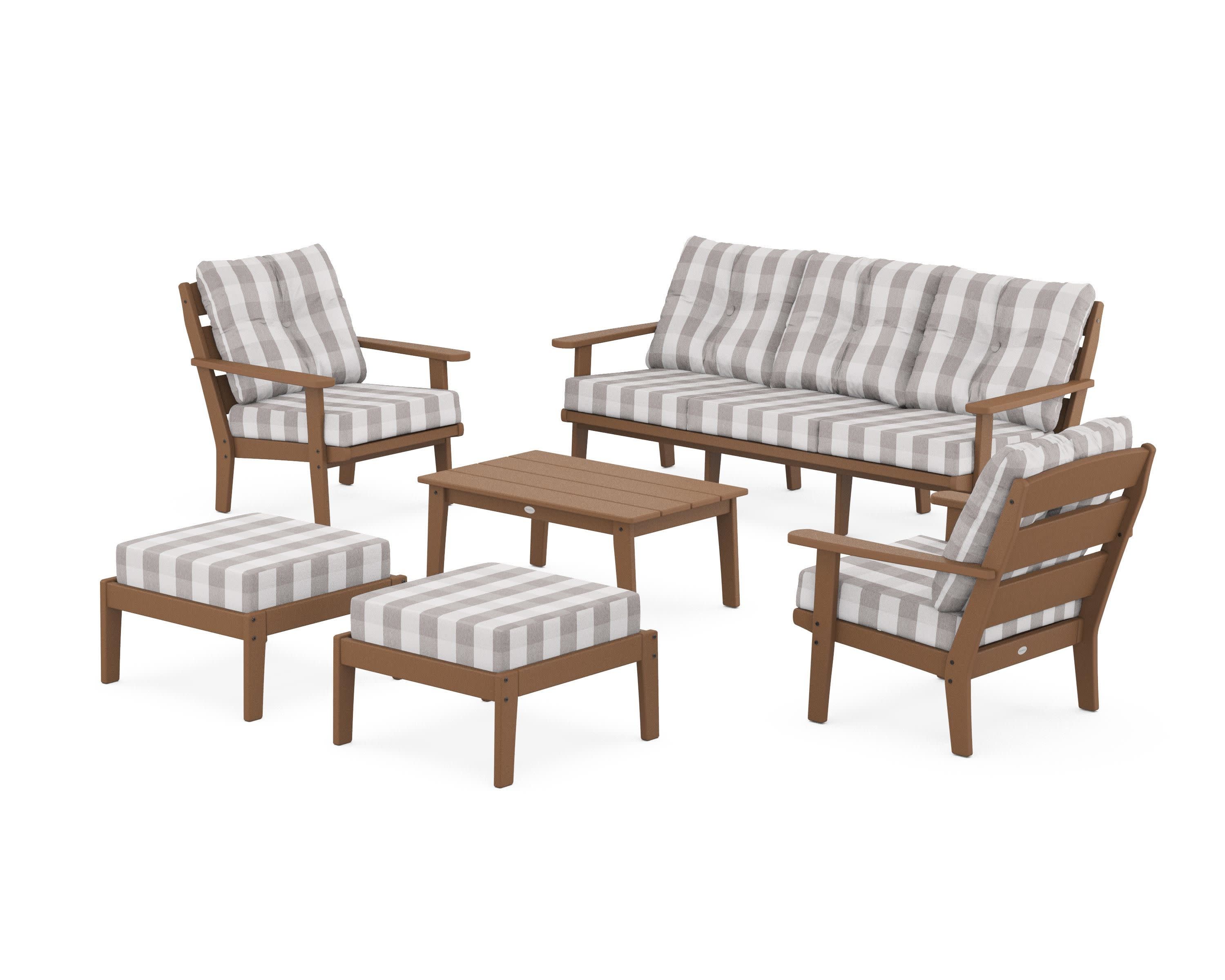 Lakeside 6-Piece Lounge Sofa Set in Teak / Buffalo Plaid Grey Mist