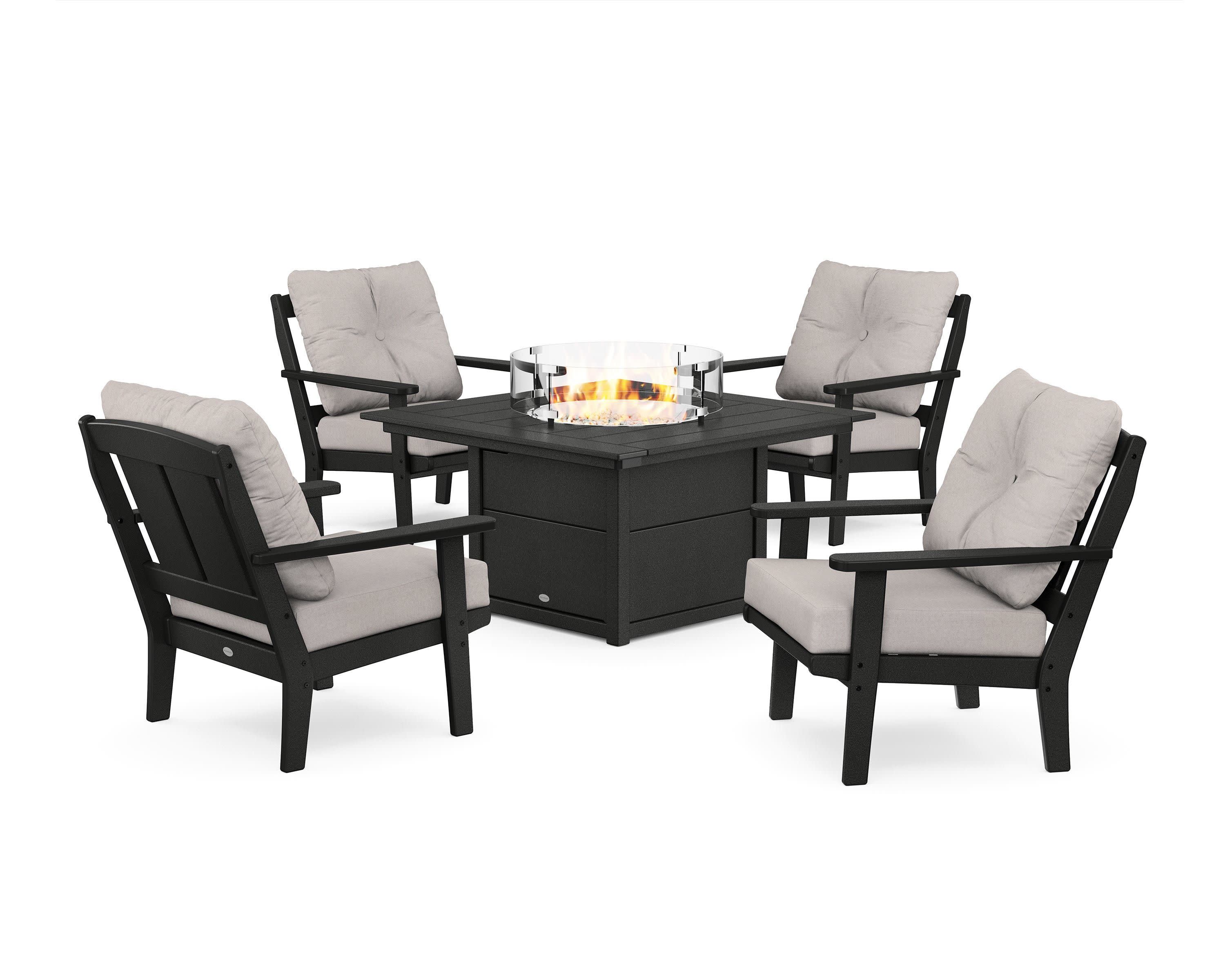 Mission 5-Piece Deep Seating Set with Fire Pit Table in Black / Dune Burlap