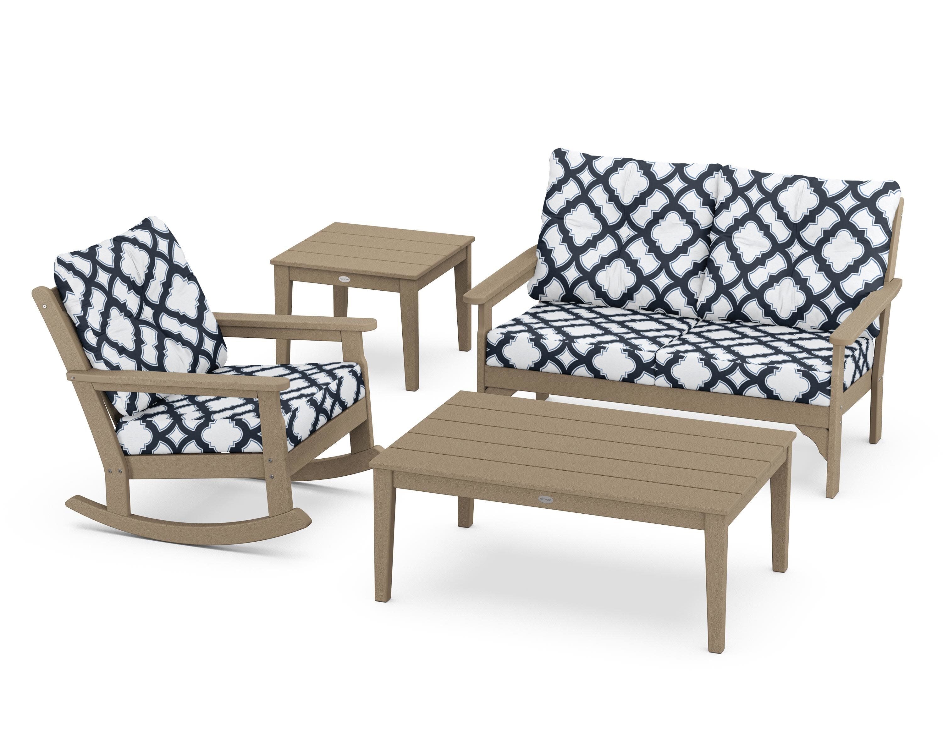 Vineyard 4-Piece Deep Seating Rocker Set in Vintage Sahara / Trellis Marine Indigo