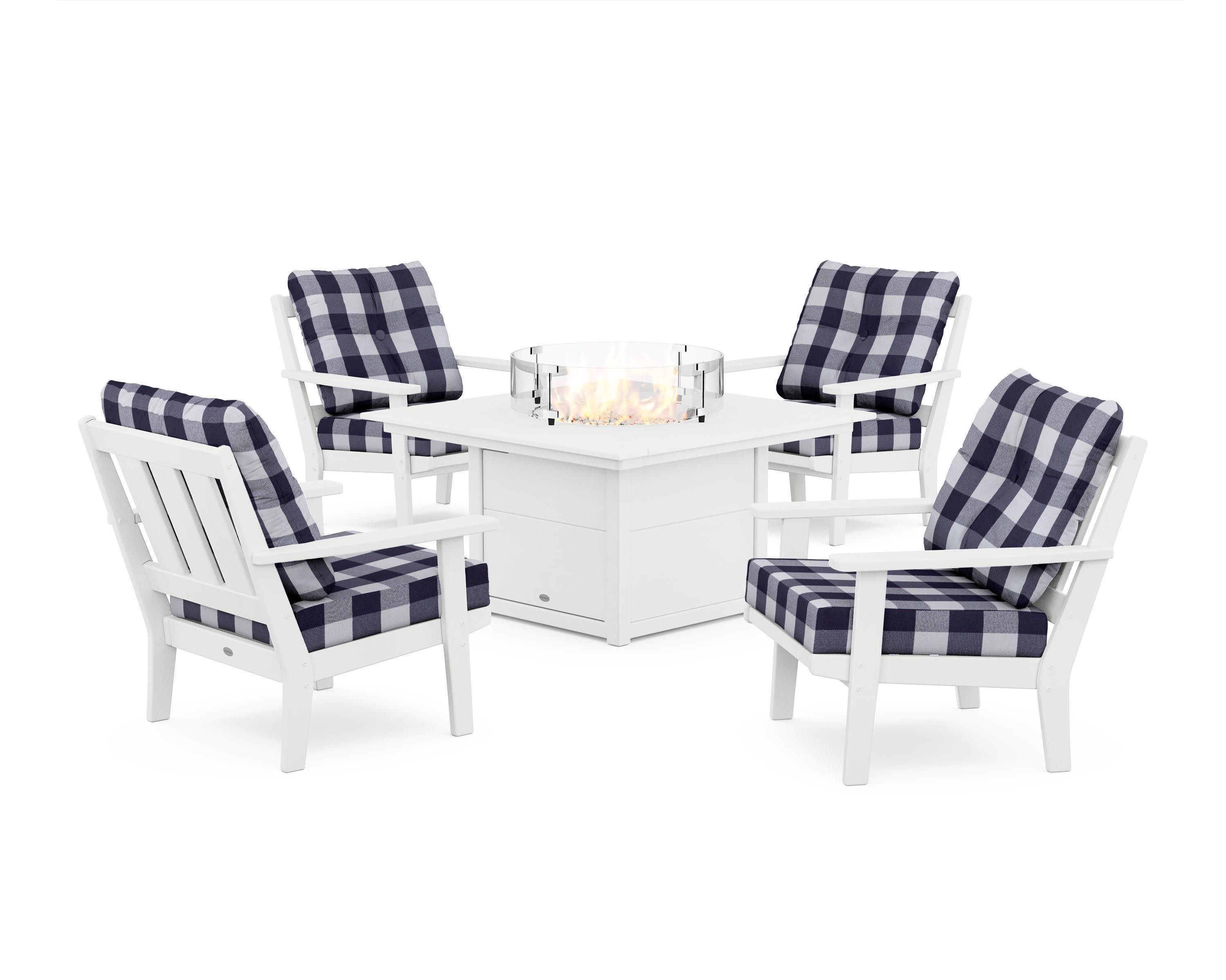 Oxford 5-Piece Deep Seating Set with Fire Pit Table in White / Buffalo Plaid Navy