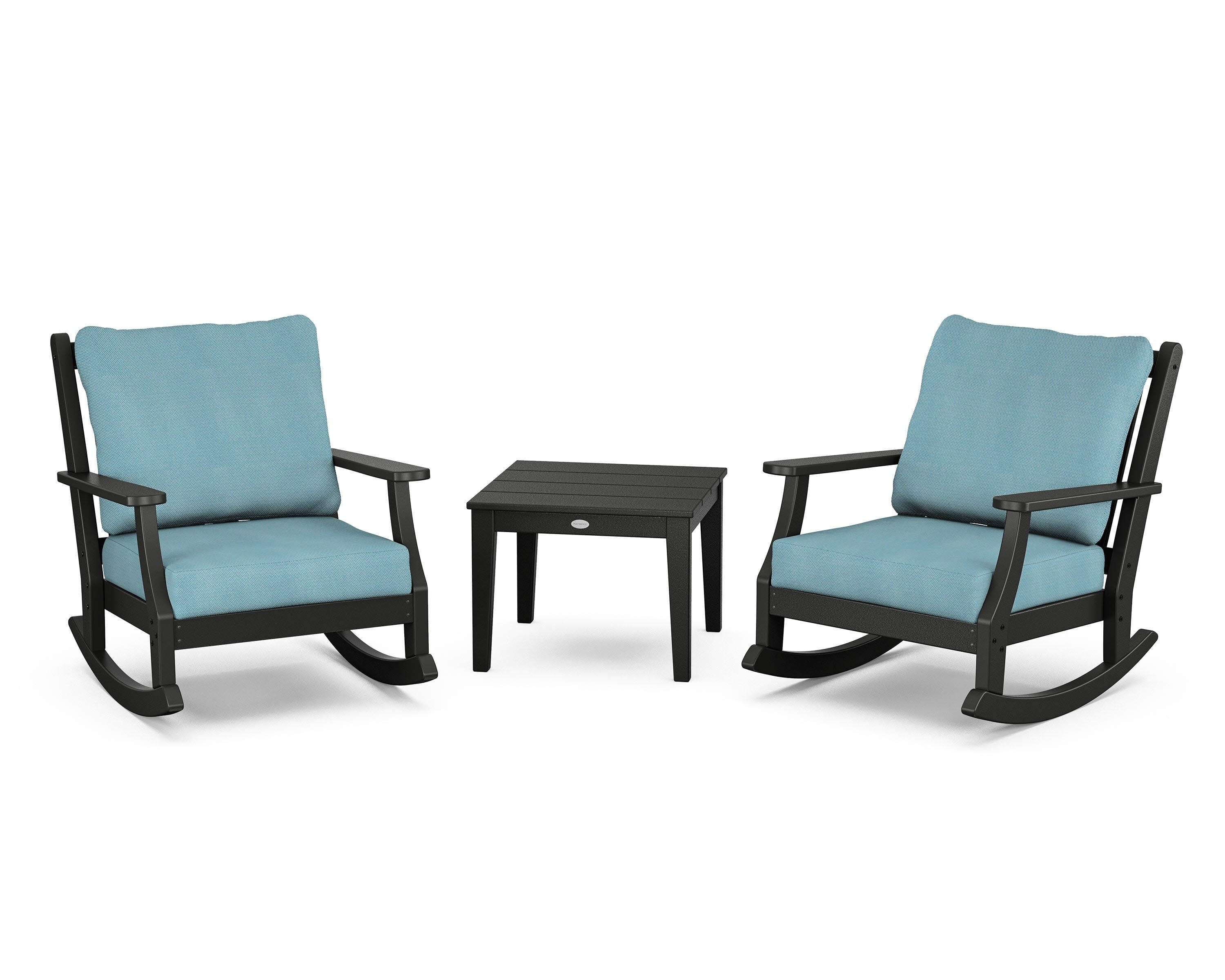 Wovendale 3-Piece Deep Seating Rocker Set in Black / Lattice Sky Blue