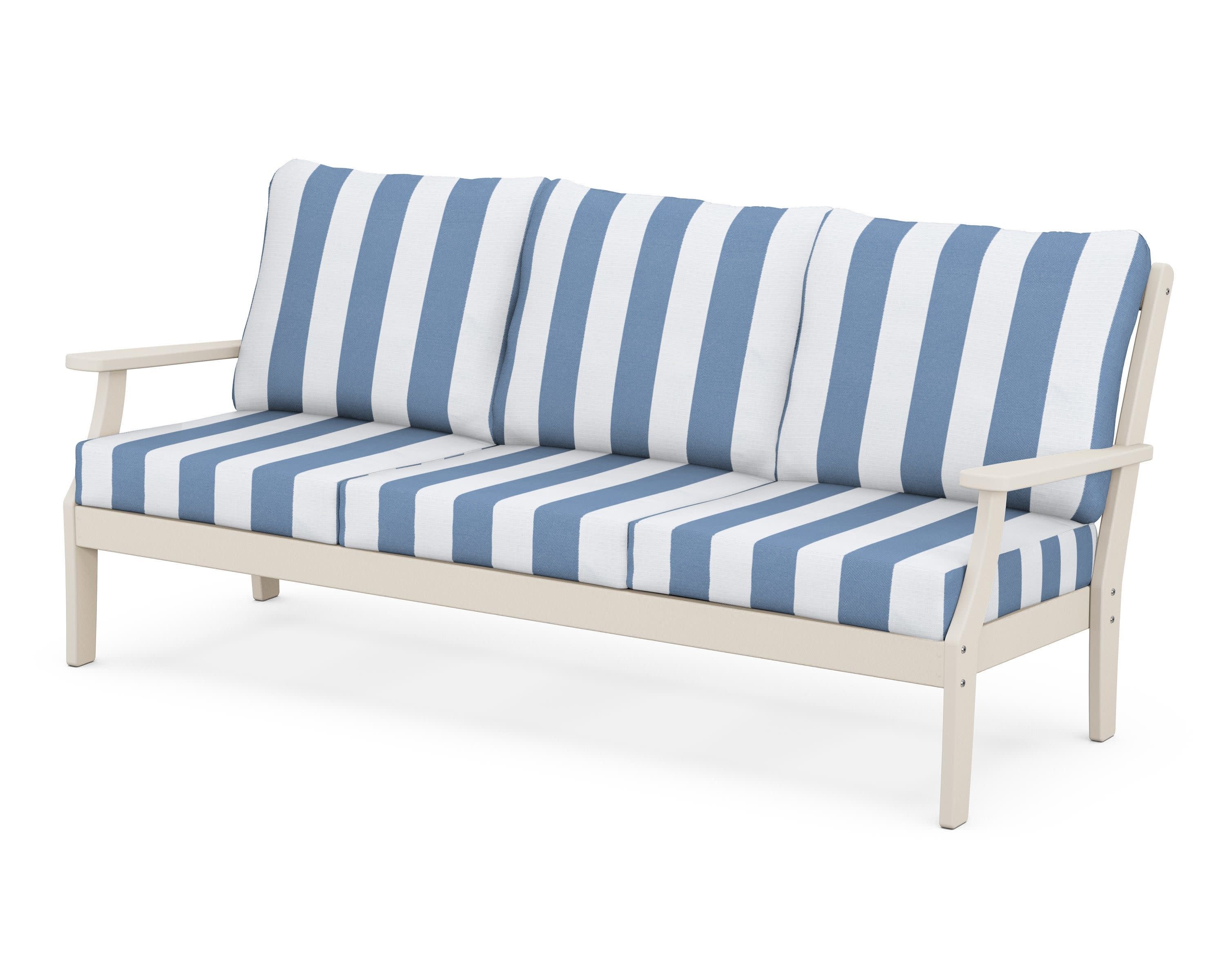 Braxton Deep Seating Sofa in Sand / Cabana Stripe Sky Blue