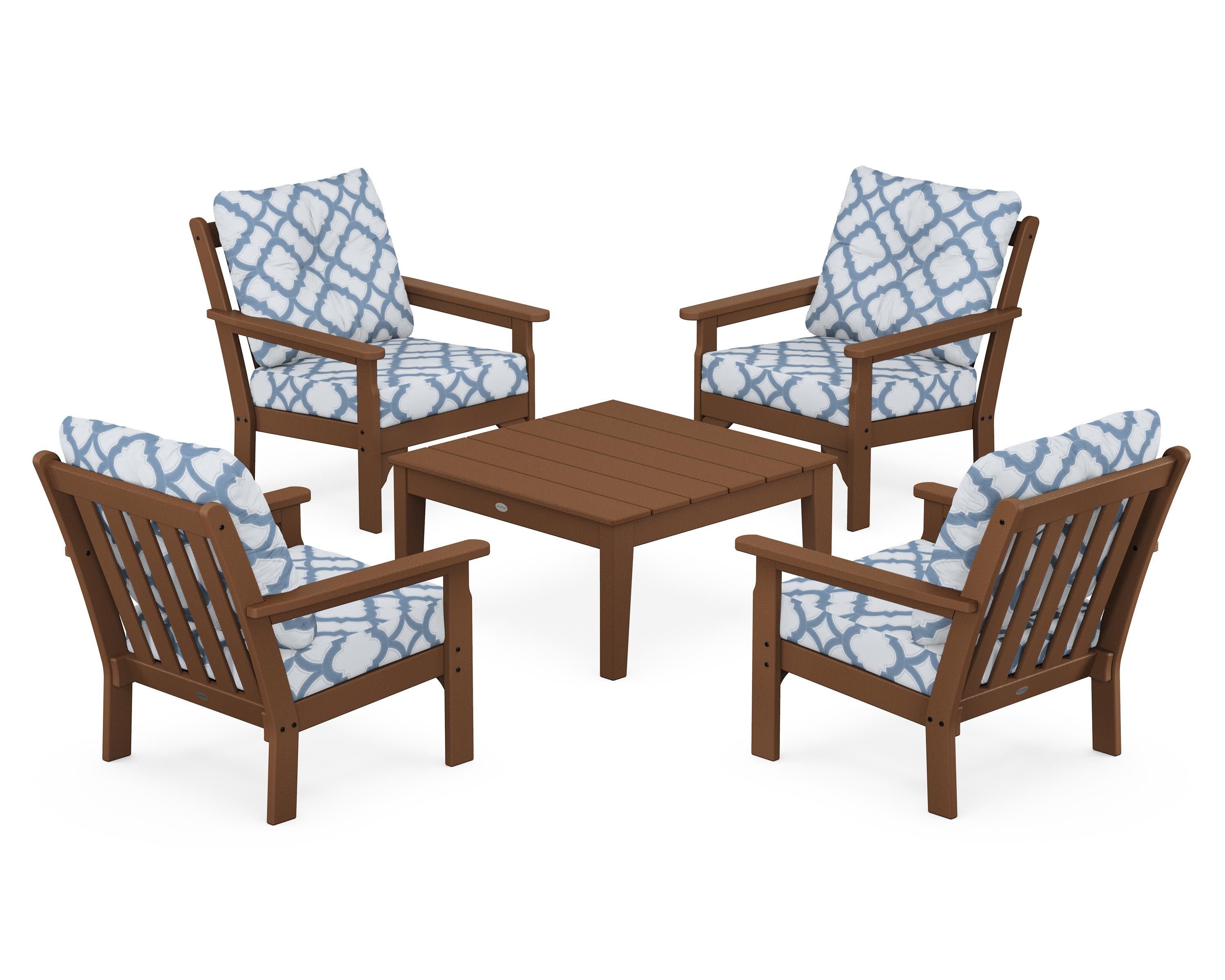 Vineyard 5-Piece Deep Seating Conversation Set in Teak / Trellis Sky Blue